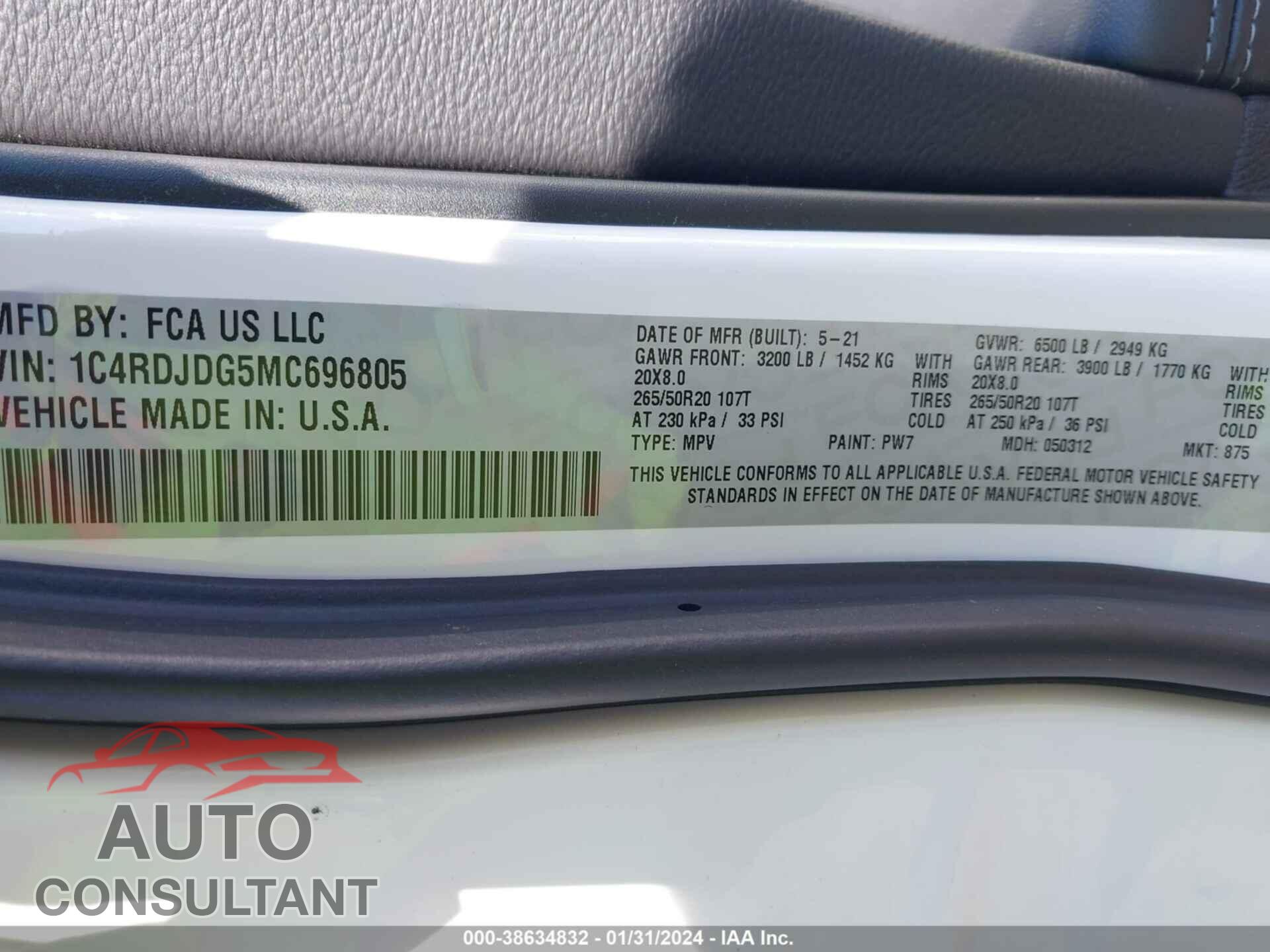 DODGE DURANGO 2021 - 1C4RDJDG5MC696805