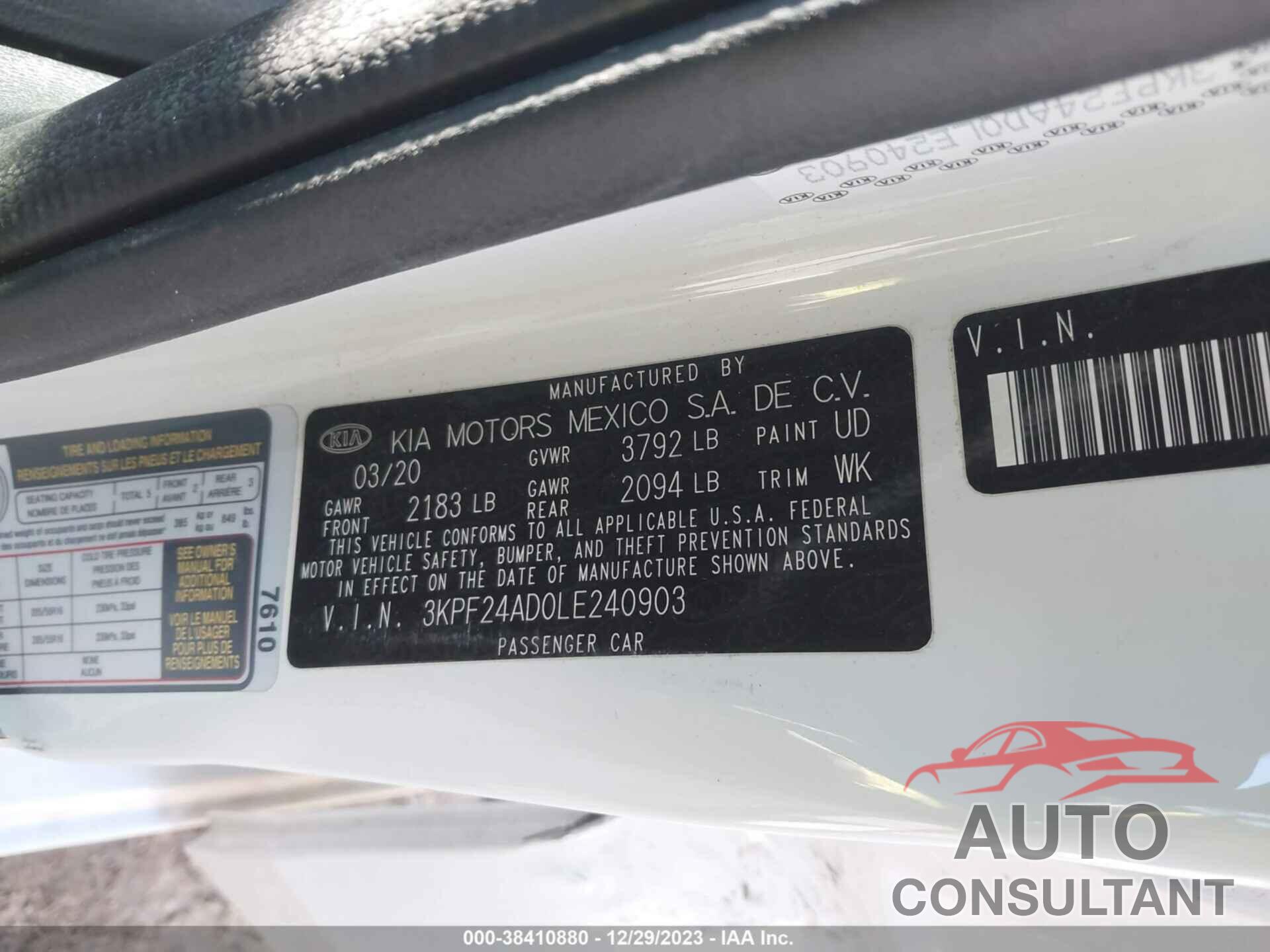 KIA FORTE 2020 - 3KPF24AD0LE240903