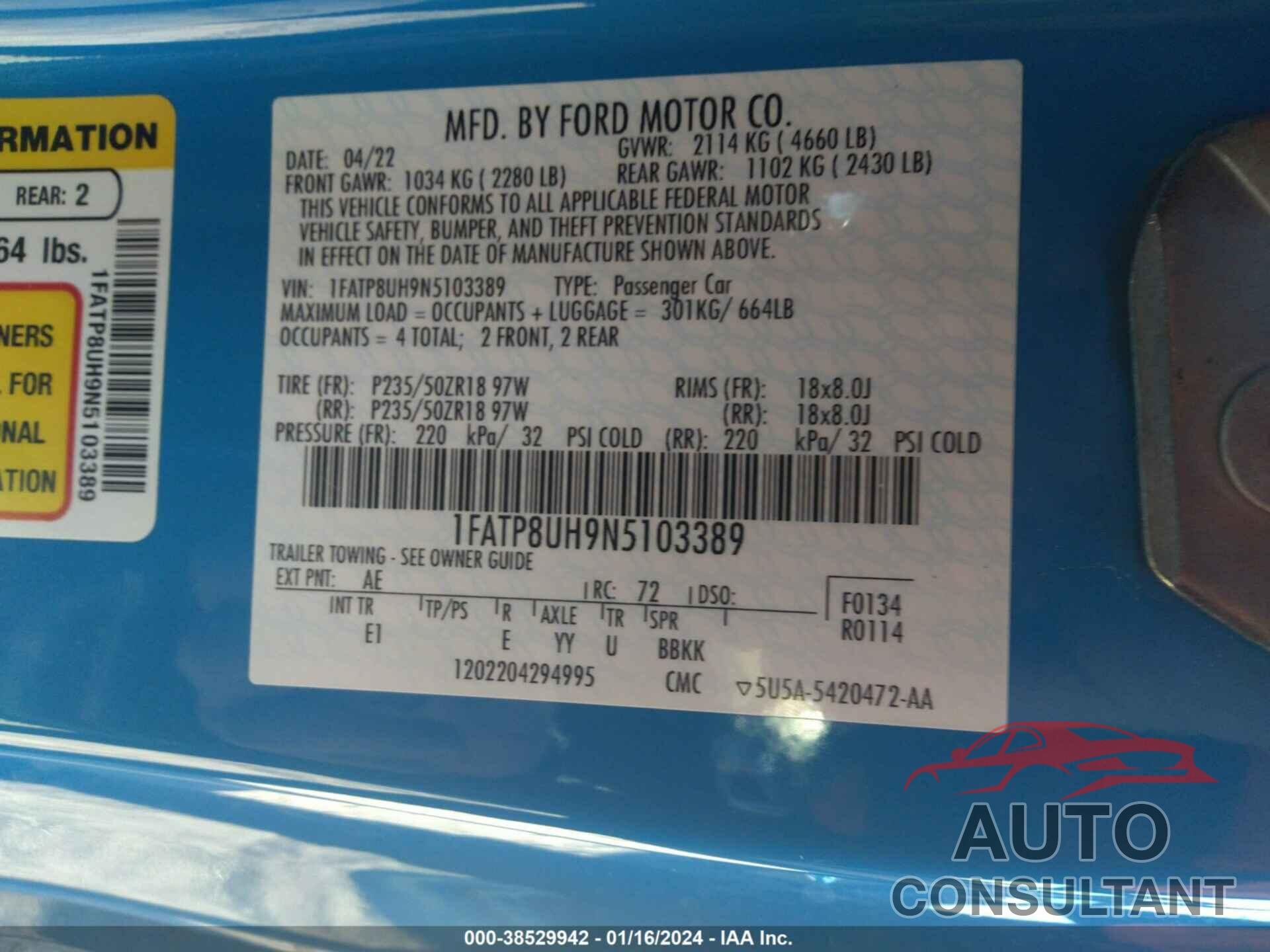 FORD MUSTANG 2022 - 1FATP8UH9N5103389