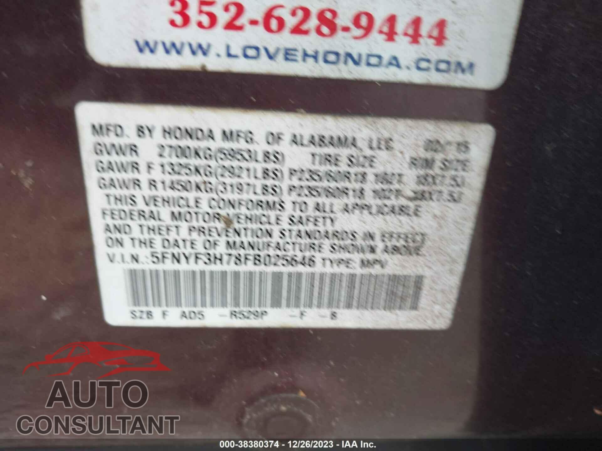 HONDA PILOT 2015 - 5FNYF3H78FB025646