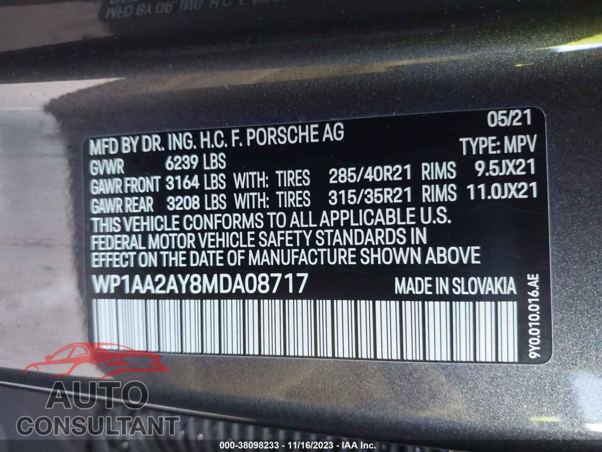 PORSCHE CAYENNE 2021 - WP1AA2AY8MDA08717