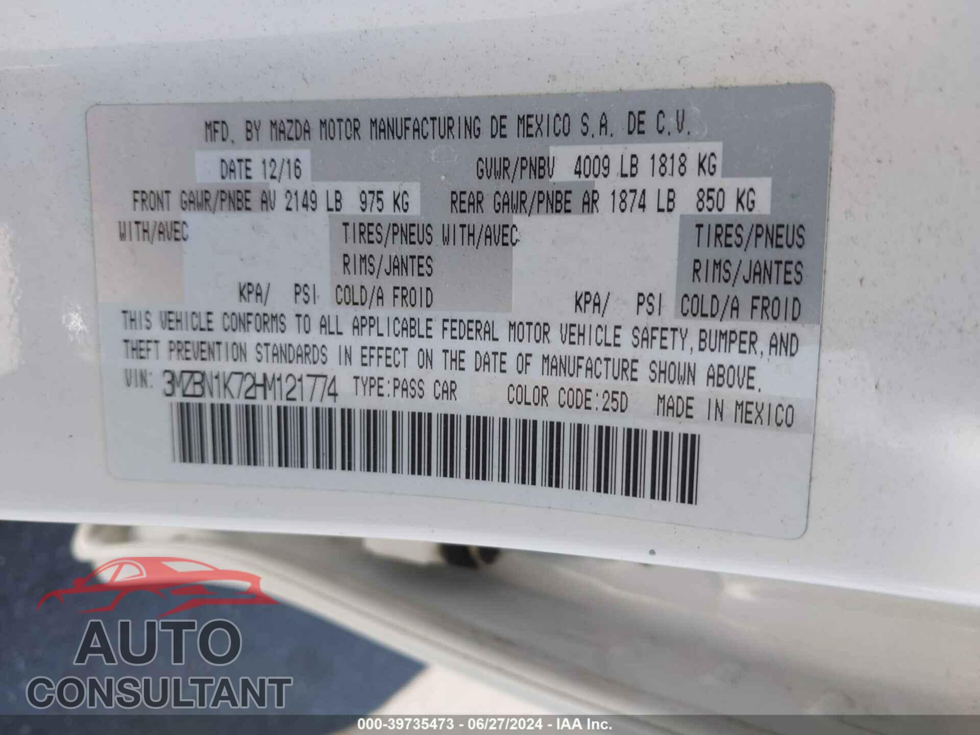 MAZDA MAZDA3 2017 - 3MZBN1K72HM121774