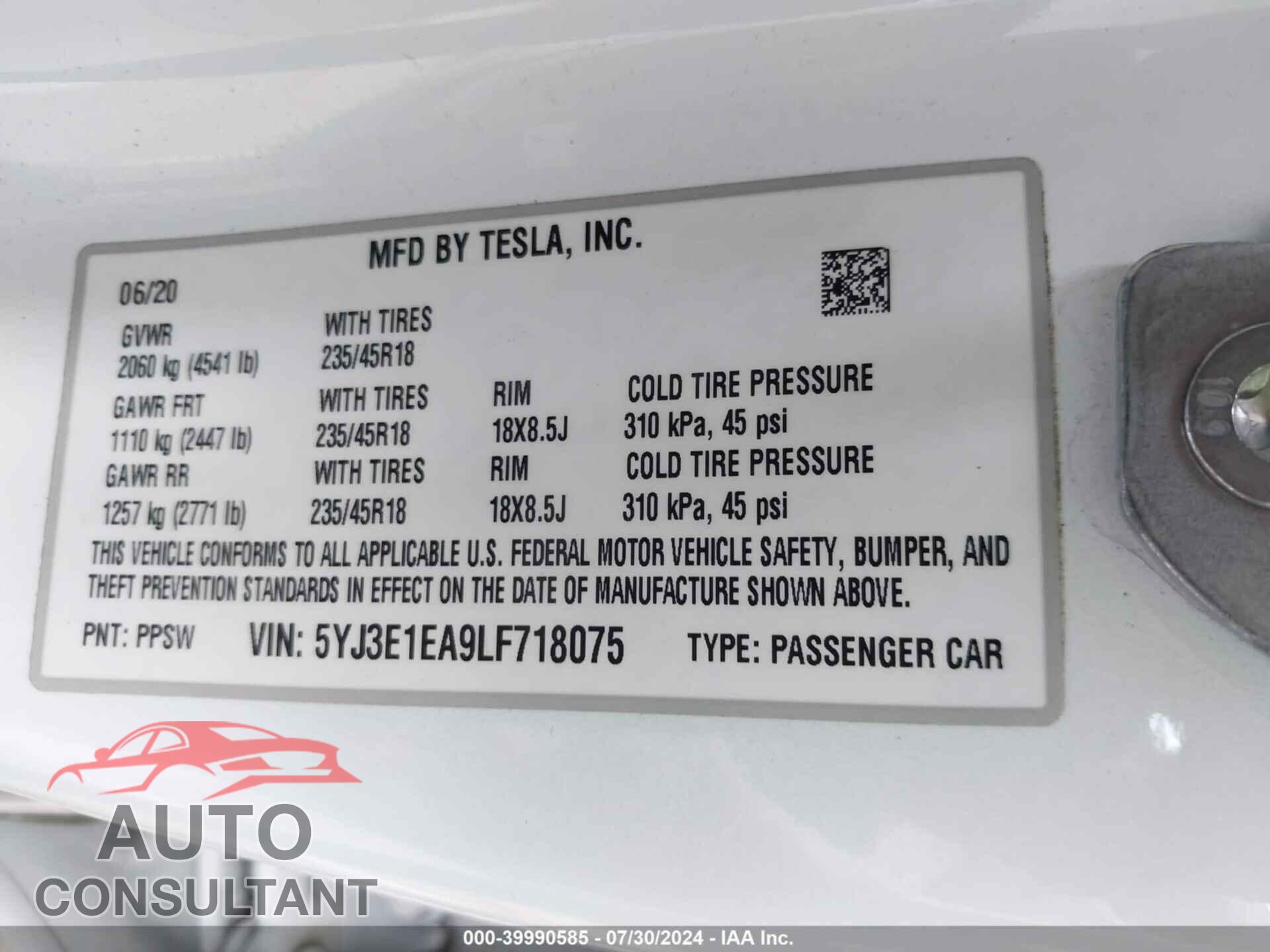 TESLA MODEL 3 2020 - 5YJ3E1EA9LF718075