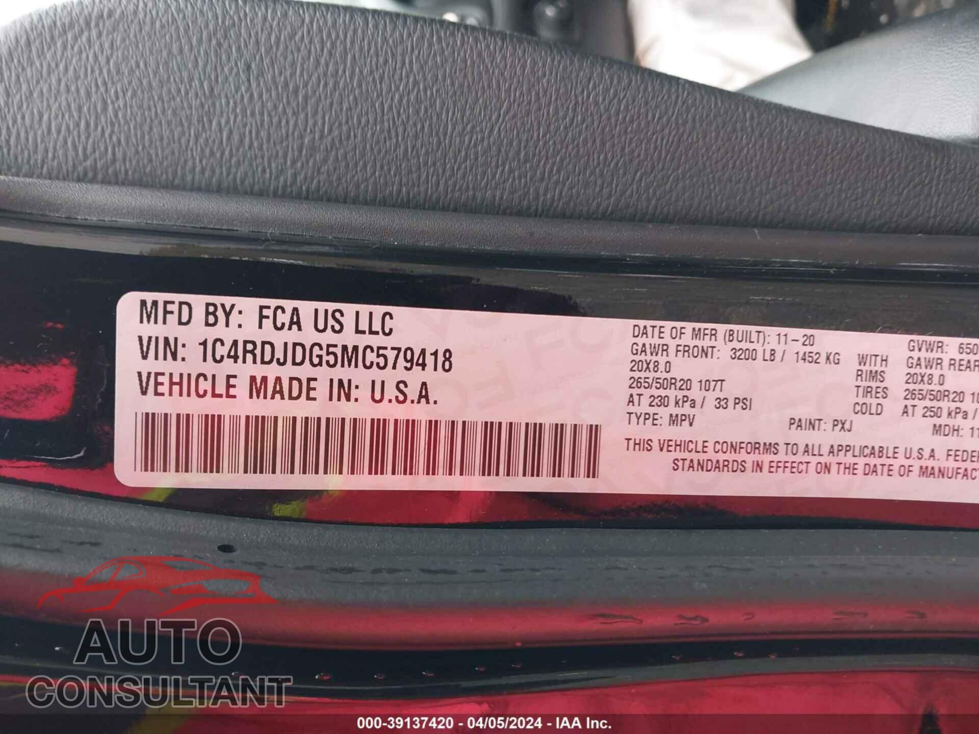 DODGE DURANGO 2021 - 1C4RDJDG5MC579418