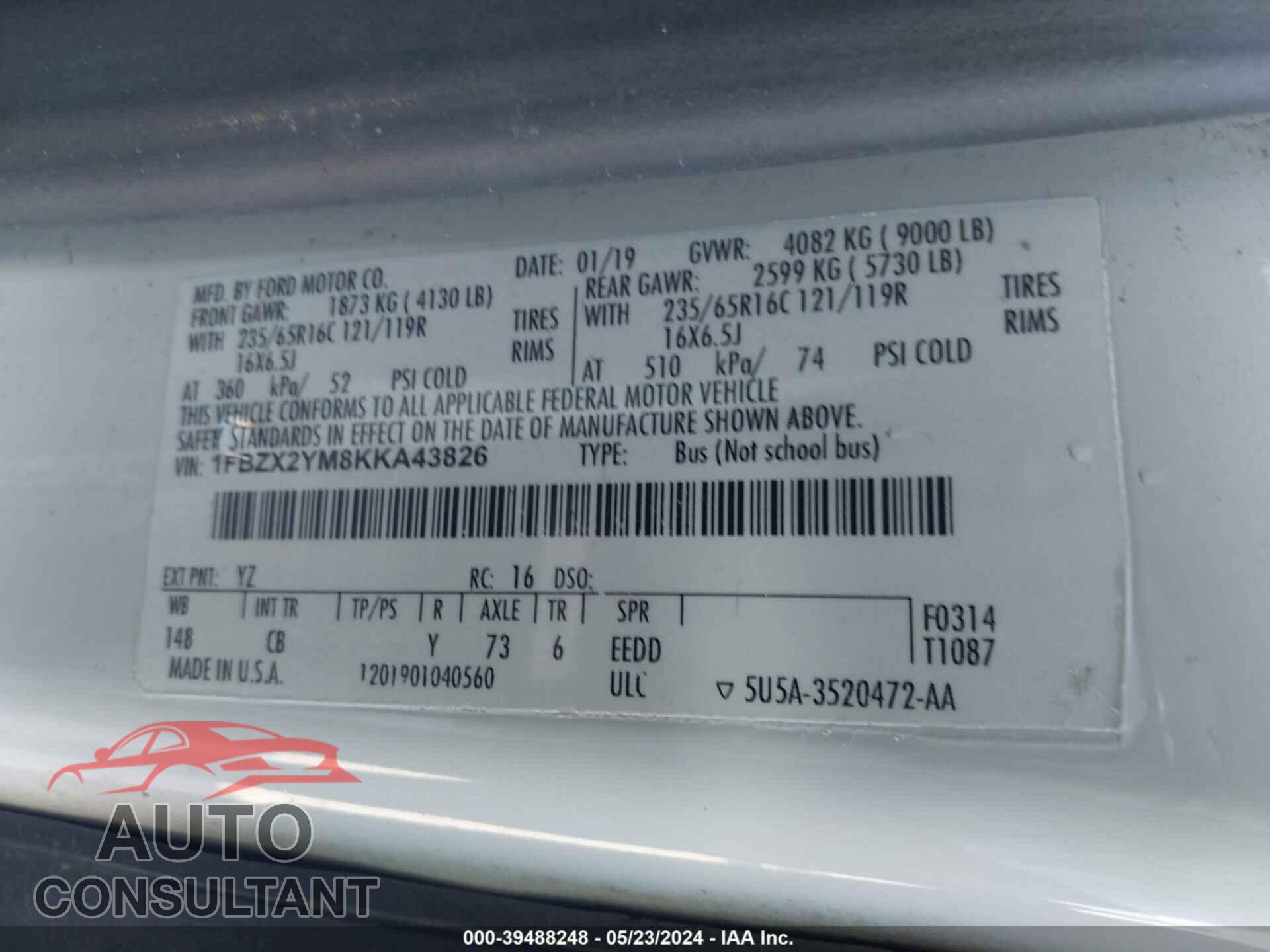 FORD TRANSIT 2019 - 1FBZX2YM8KKA43826