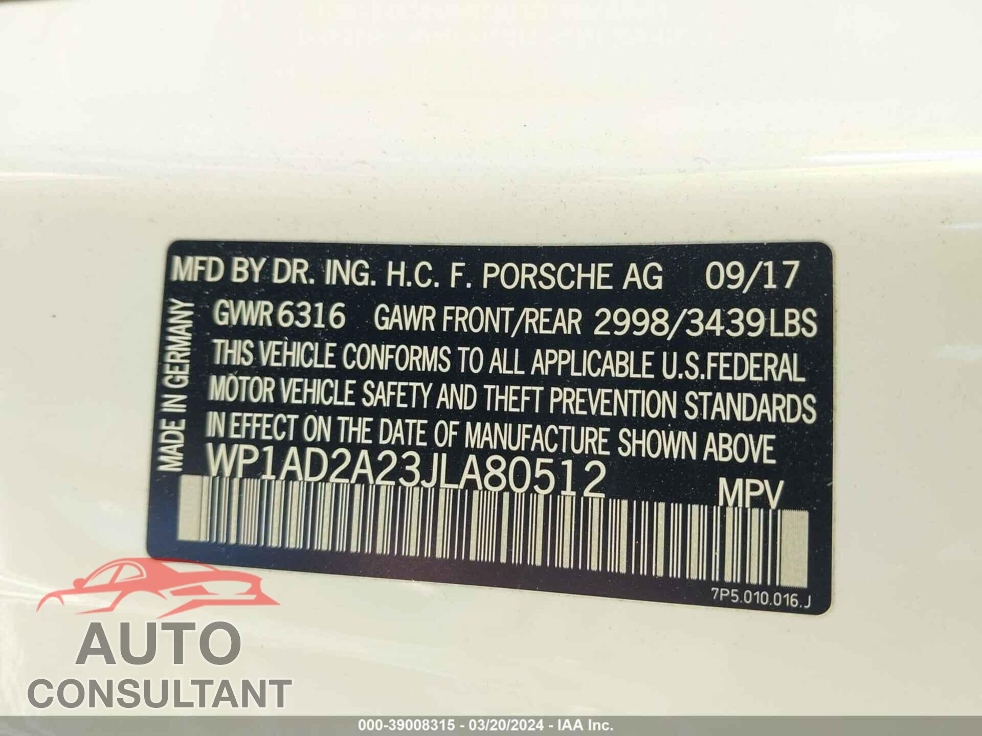 PORSCHE CAYENNE 2018 - WP1AD2A23JLA80512