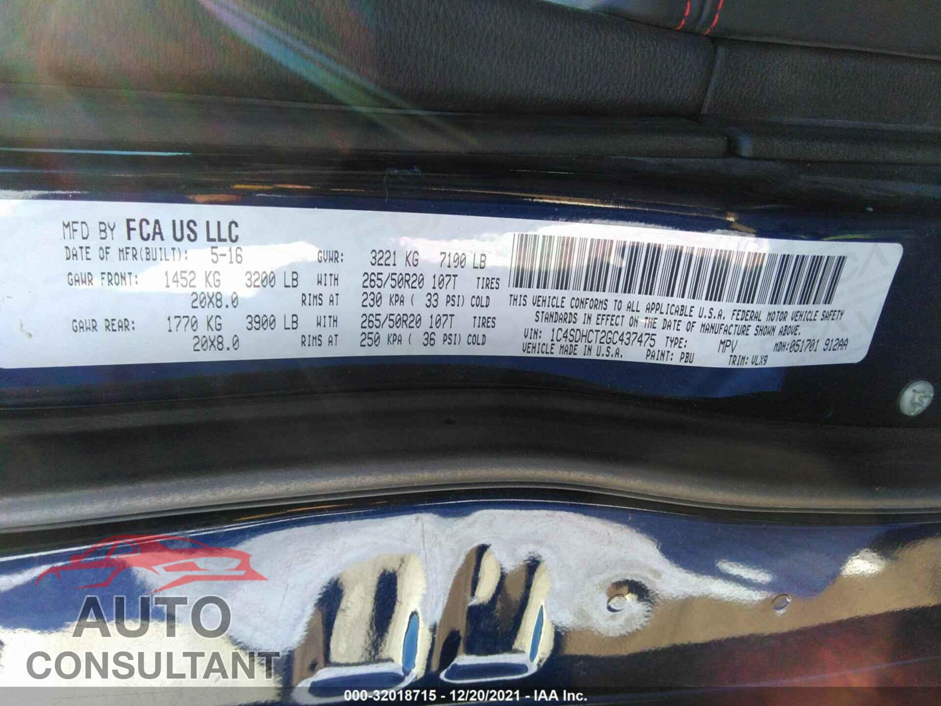 DODGE DURANGO 2016 - 1C4SDHCT2GC437475