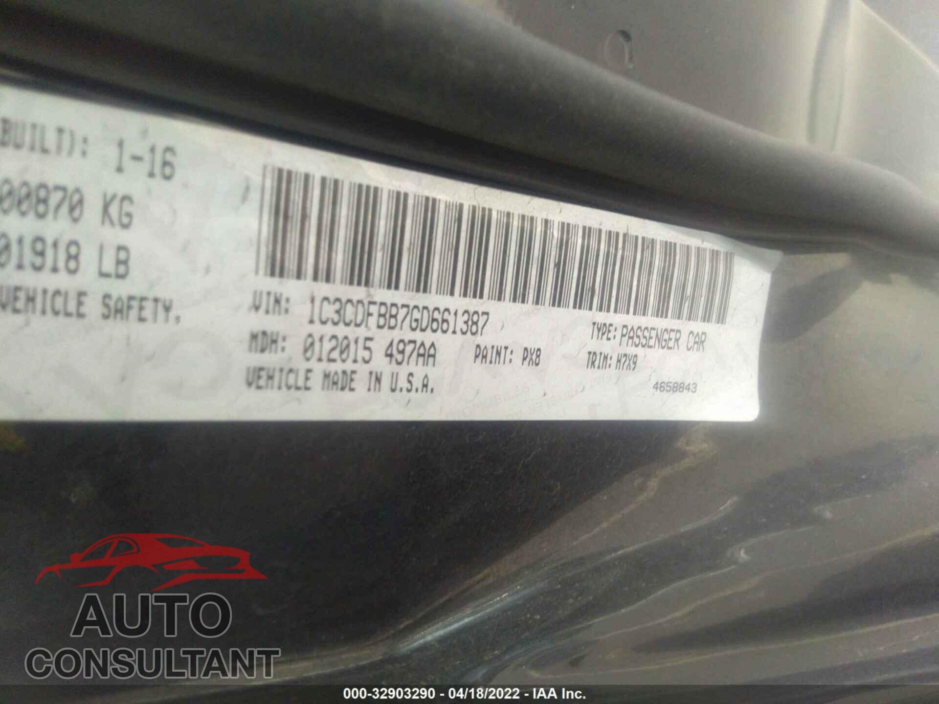 DODGE DART 2016 - 1C3CDFBB7GD661387