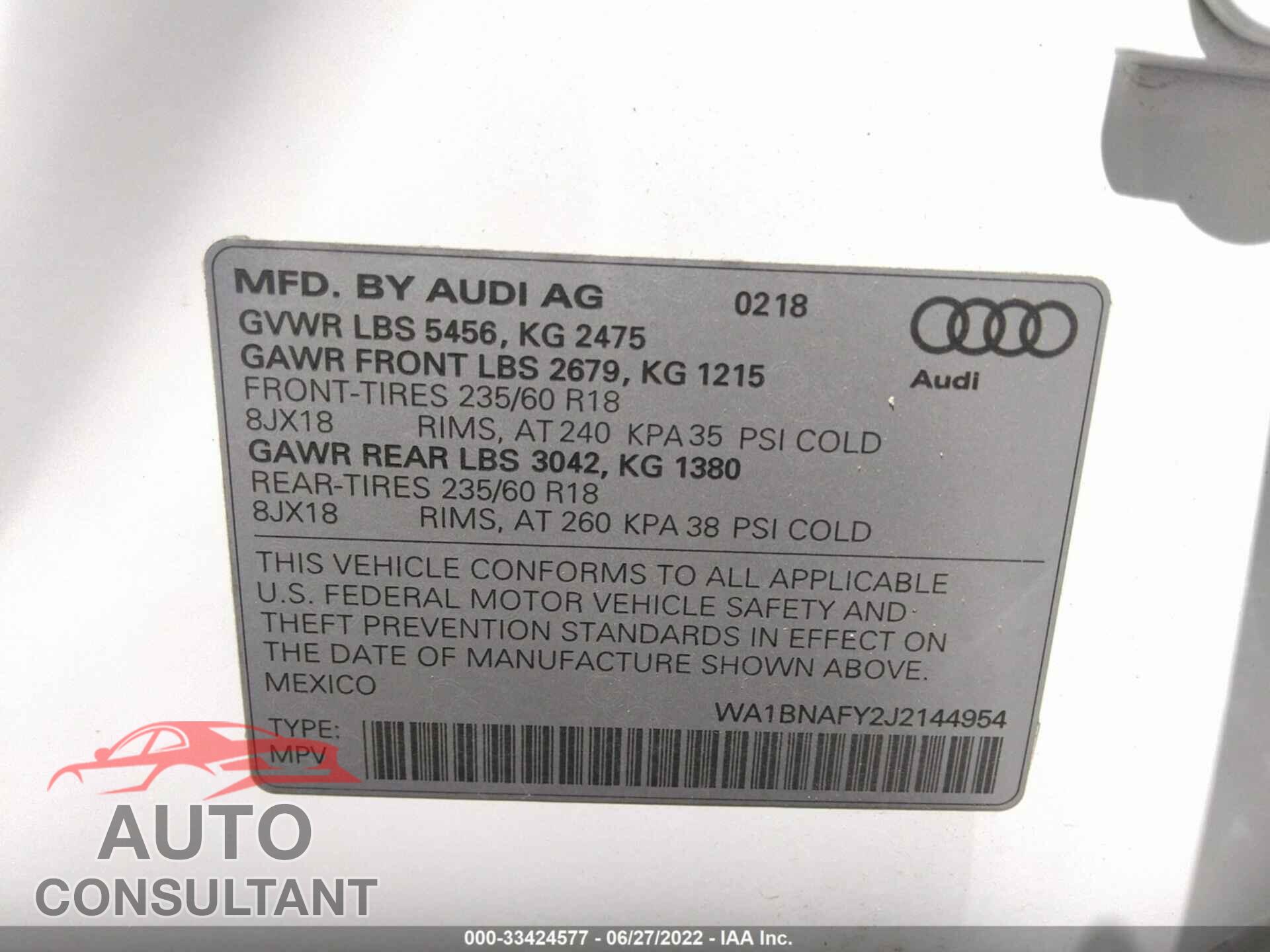 AUDI Q5 2018 - WA1BNAFY2J2144954