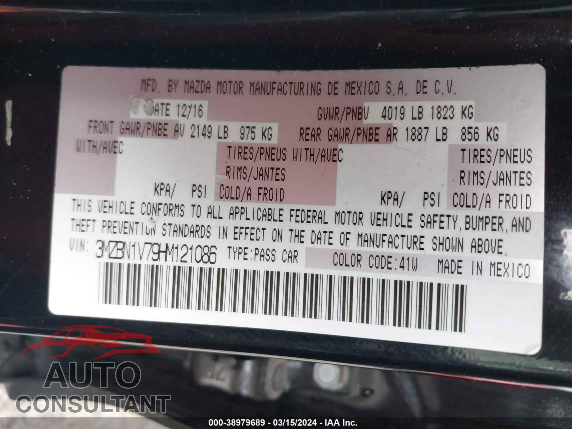 MAZDA MAZDA3 2017 - 3MZBN1V79HM121086