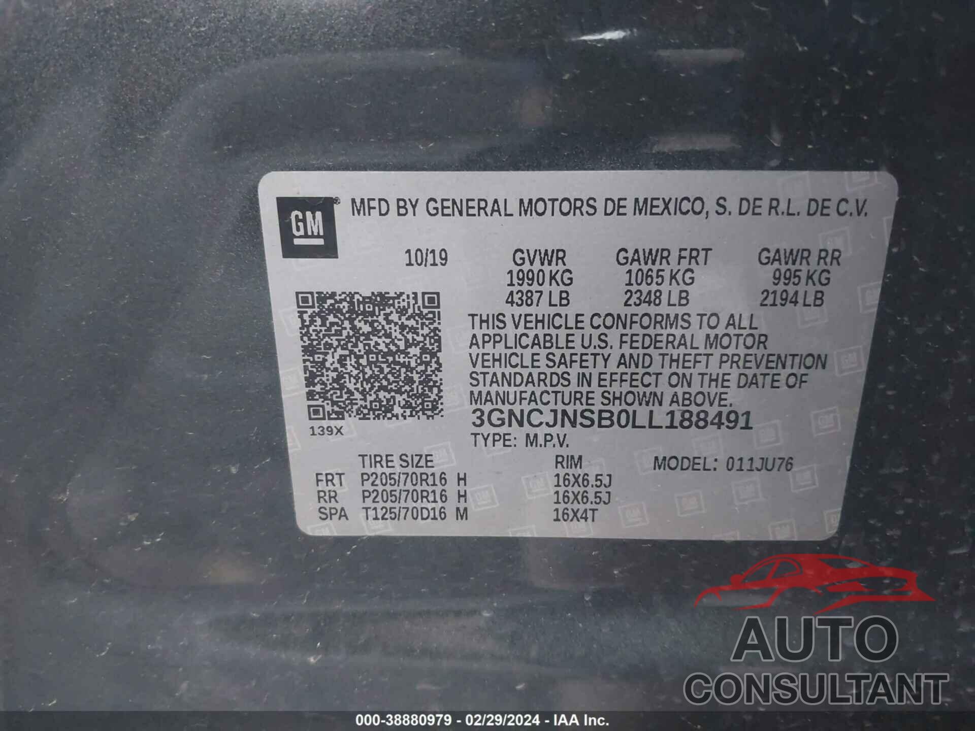 CHEVROLET TRAX 2020 - 3GNCJNSB0LL188491