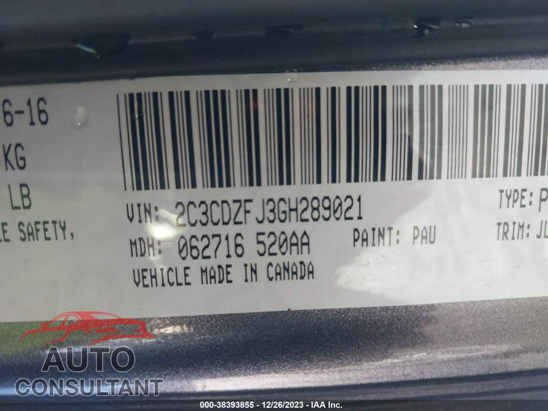 DODGE CHALLENGER 2016 - 2C3CDZFJ3GH289021