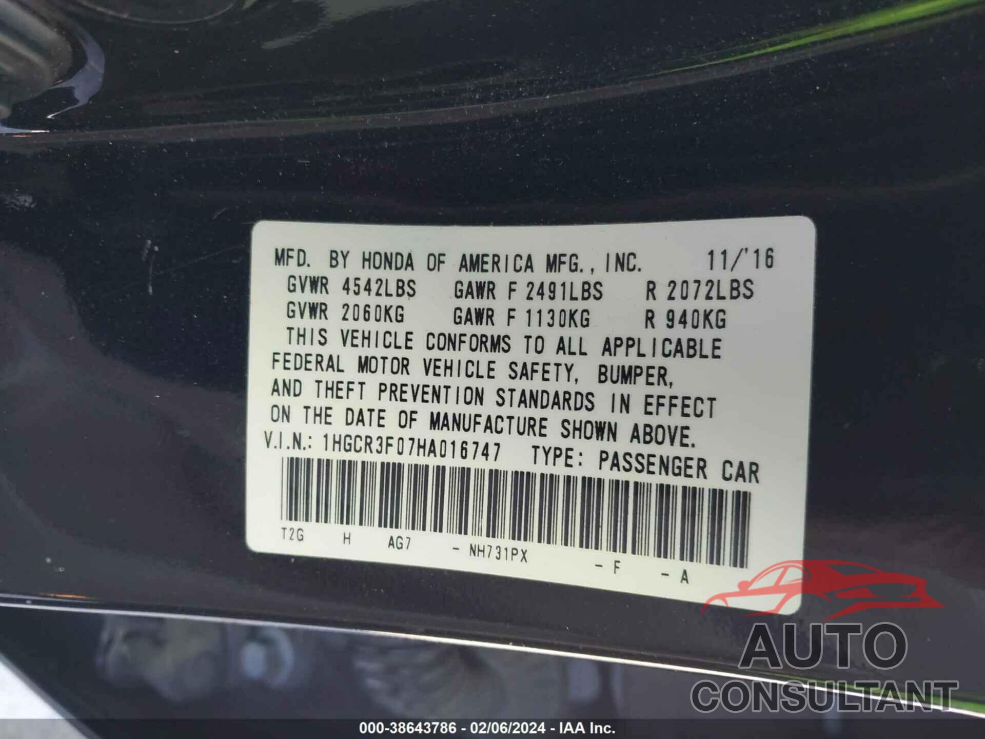 HONDA ACCORD 2017 - 1HGCR3F07HA016747