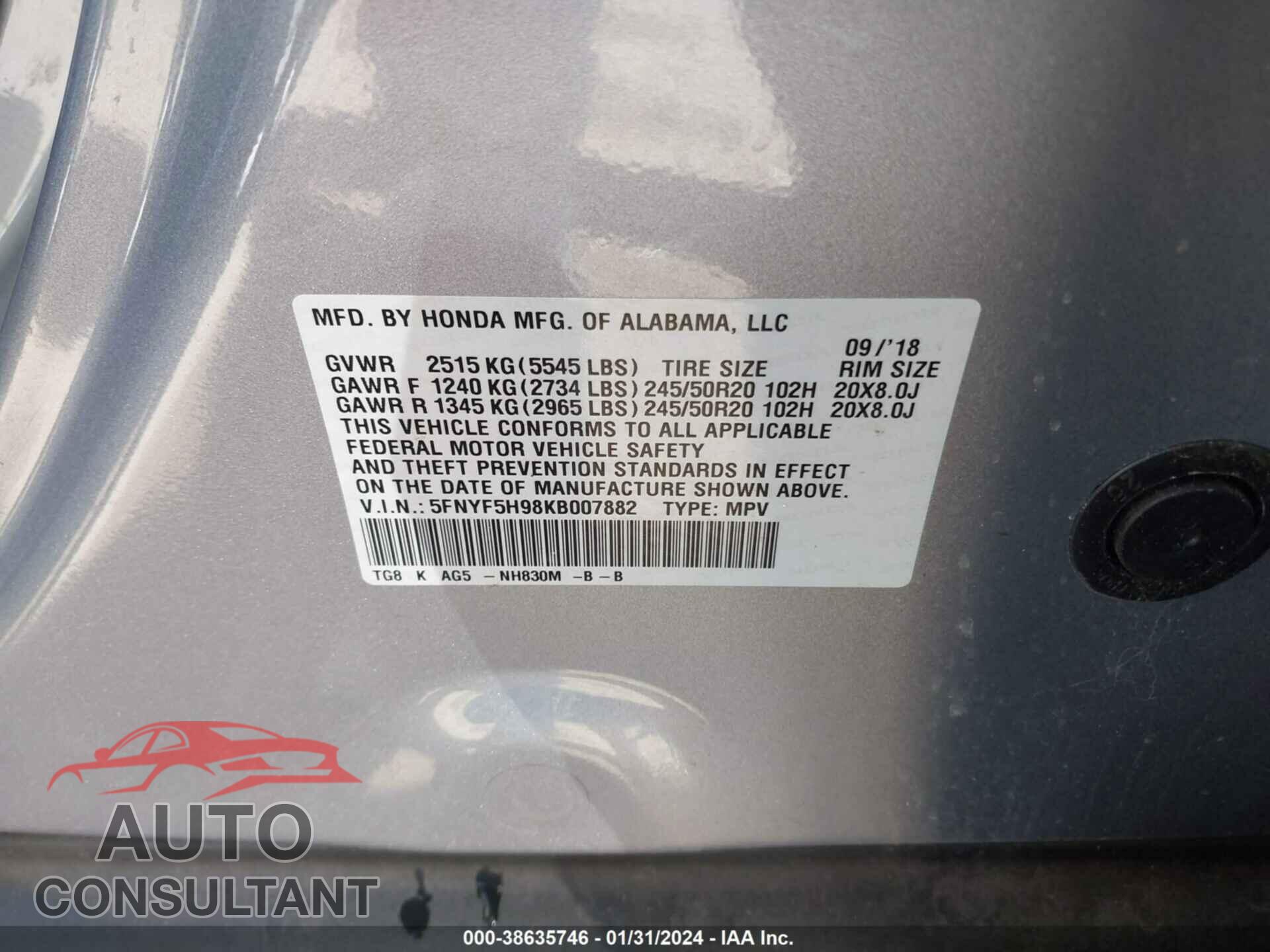 HONDA PILOT 2019 - 5FNYF5H98KB007882