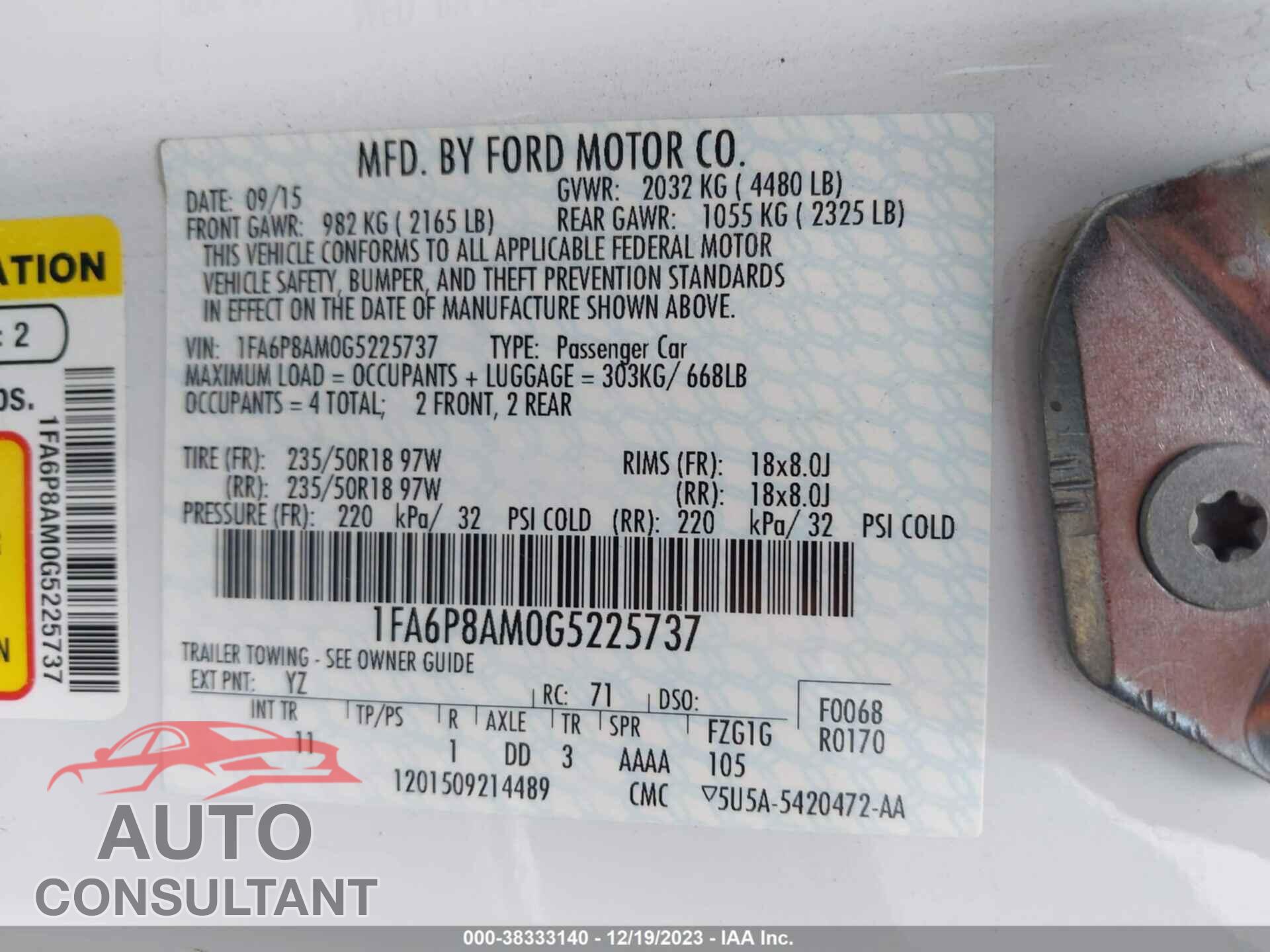 FORD MUSTANG 2016 - 1FA6P8AM0G5225737