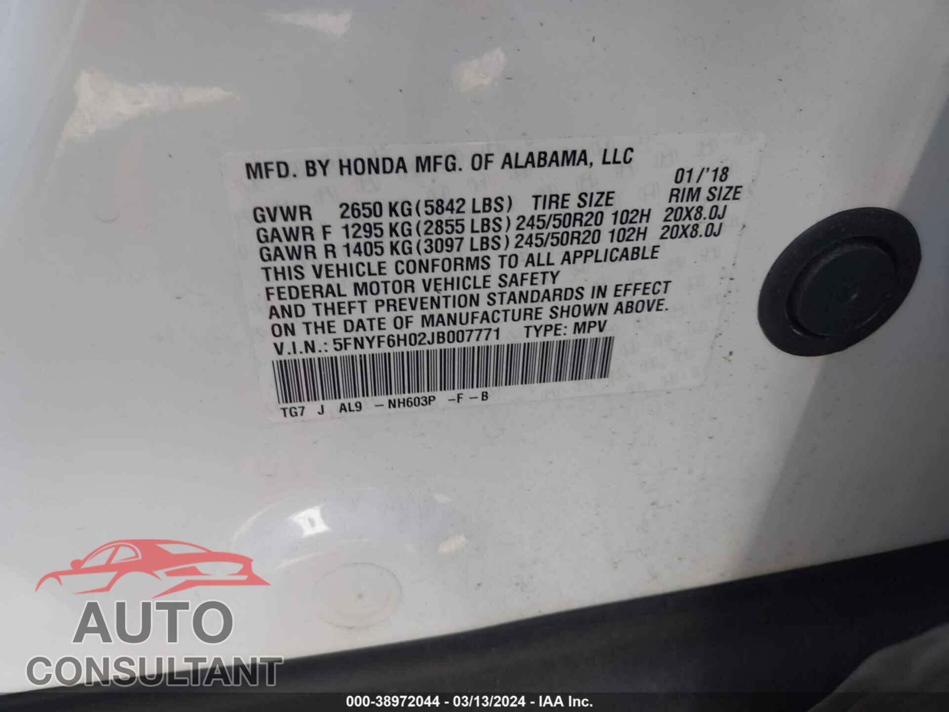 HONDA PILOT 2018 - 5FNYF6H02JB007771