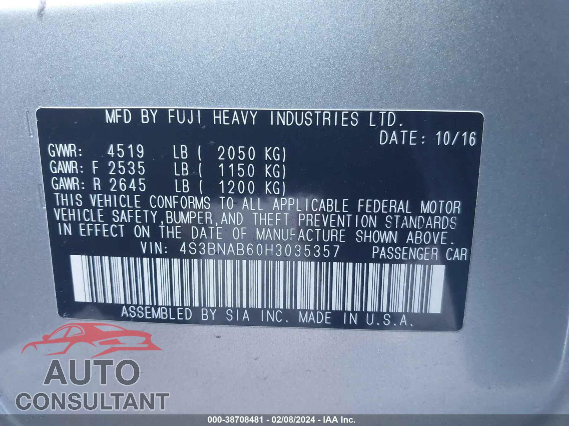 SUBARU LEGACY 2017 - 4S3BNAB60H3035357
