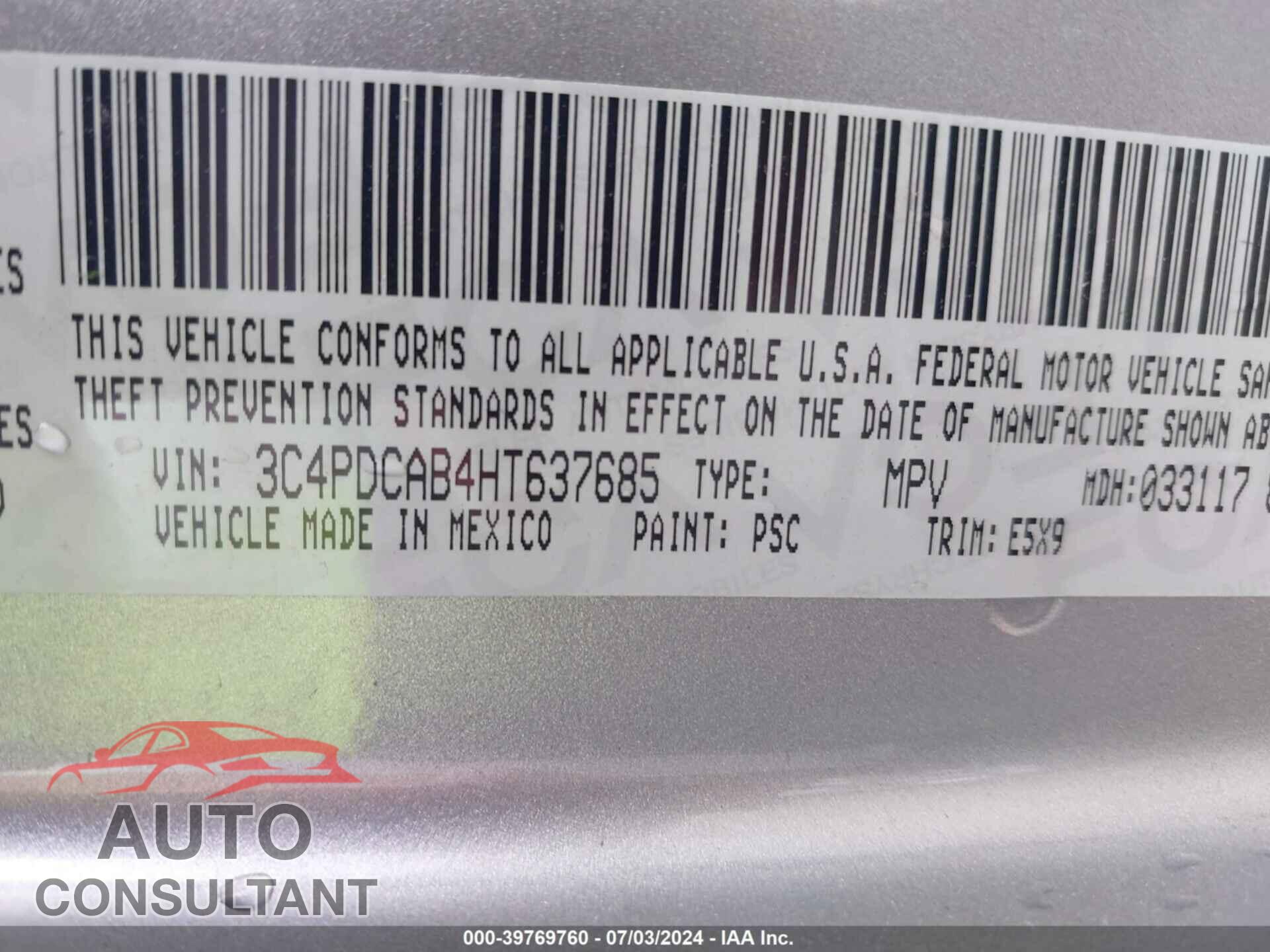 DODGE JOURNEY 2017 - 3C4PDCAB4HT637685