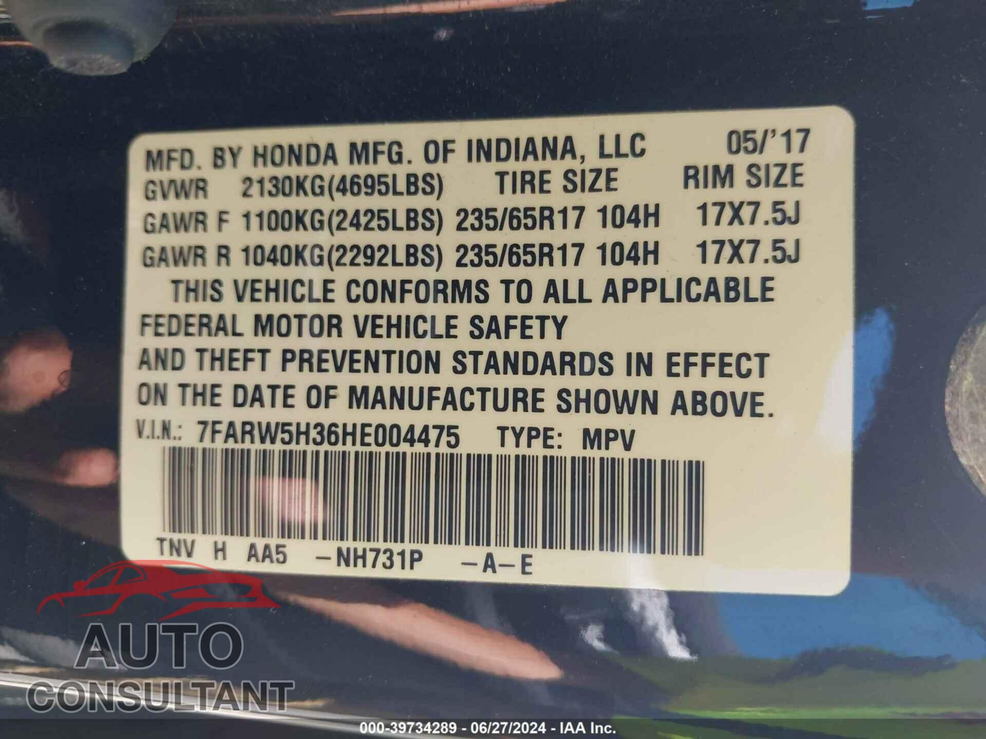 HONDA CR-V 2017 - 7FARW5H36HE004475
