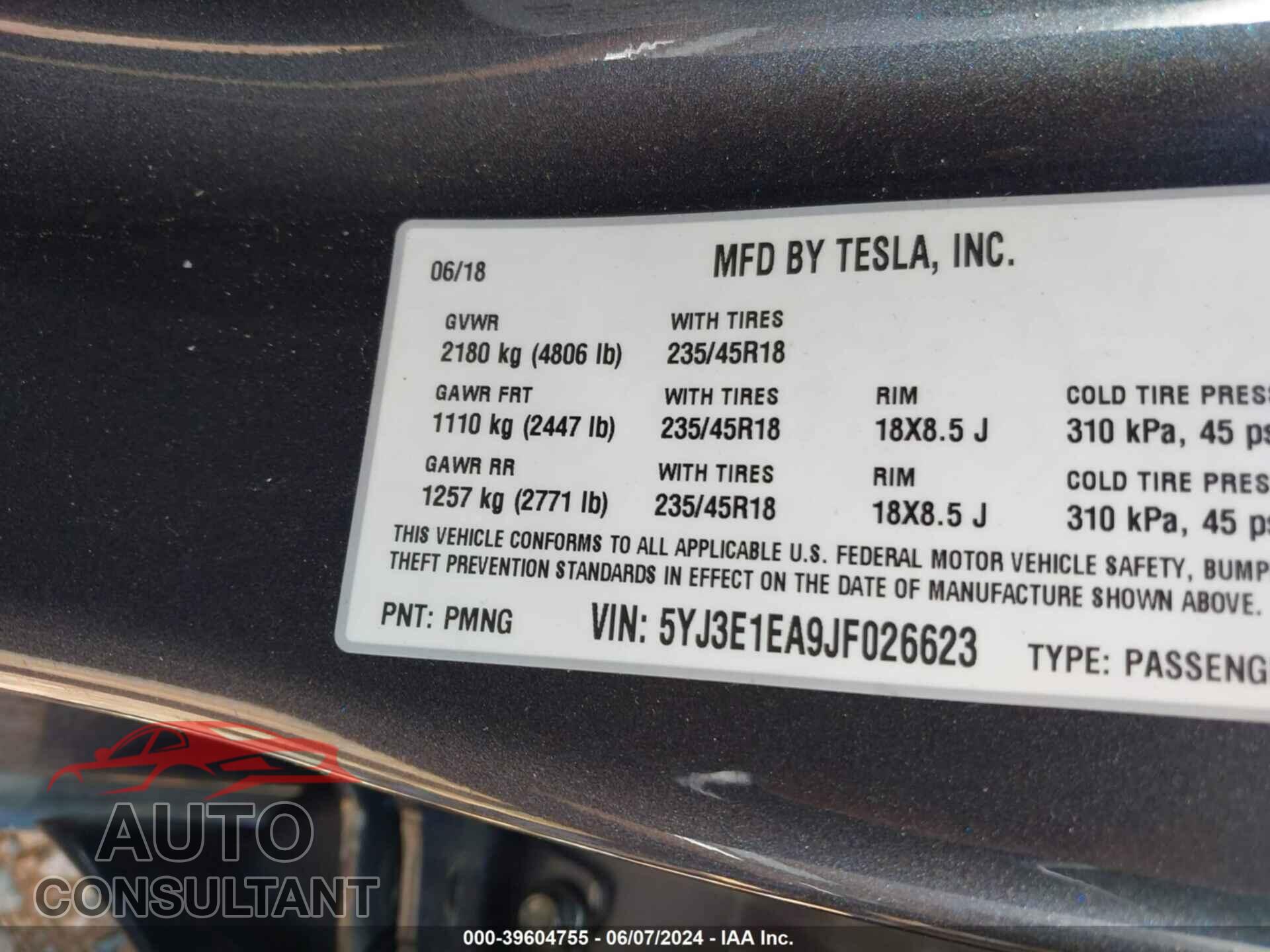 TESLA MODEL 3 2018 - 5YJ3E1EA9JF026623