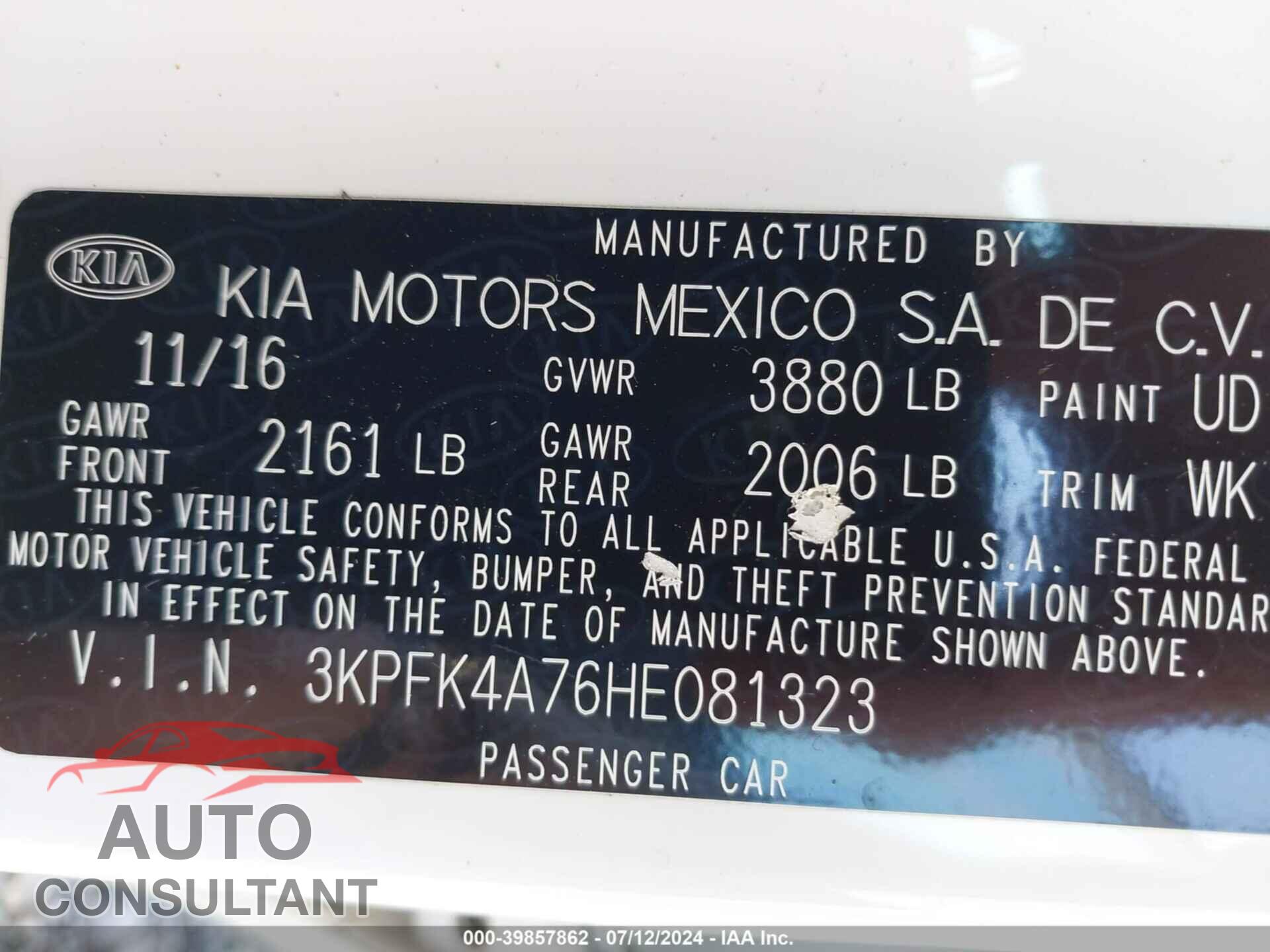 KIA FORTE 2017 - 3KPFK4A76HE081323