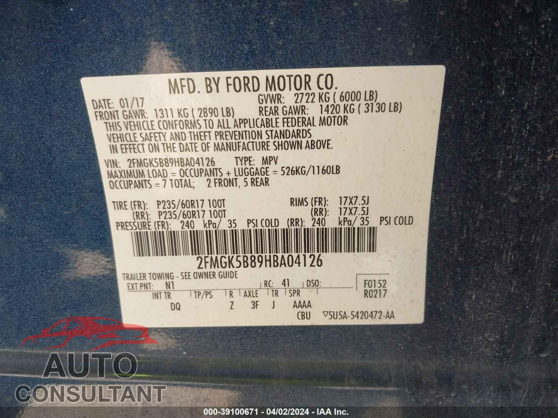 FORD FLEX 2017 - 2FMGK5B89HBA04126