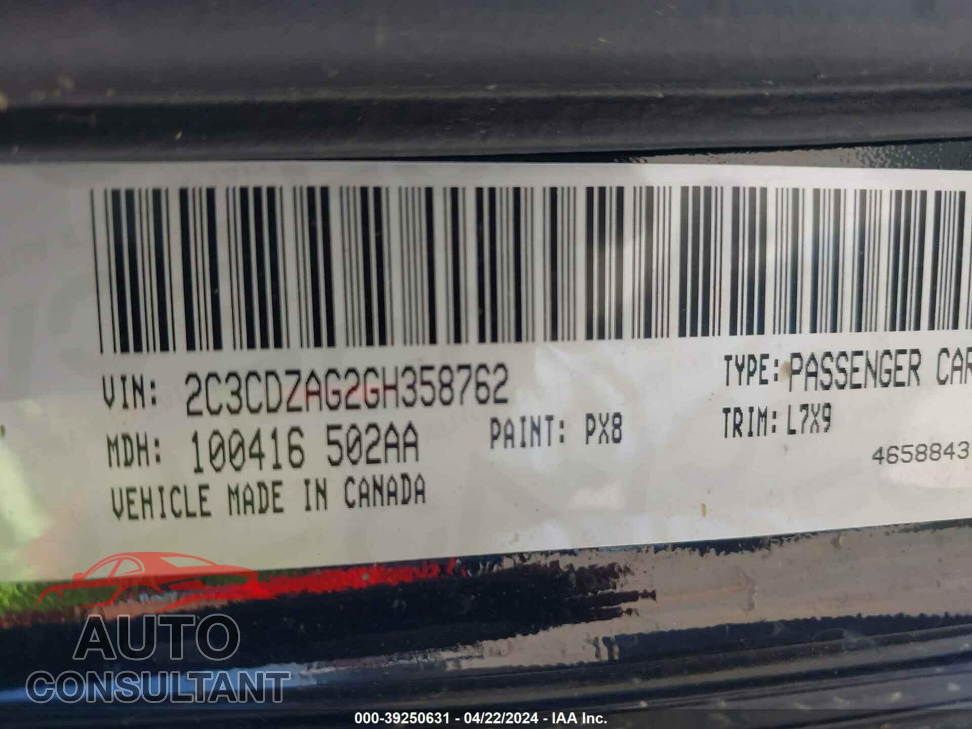 DODGE CHALLENGER 2016 - 2C3CDZAG2GH358762