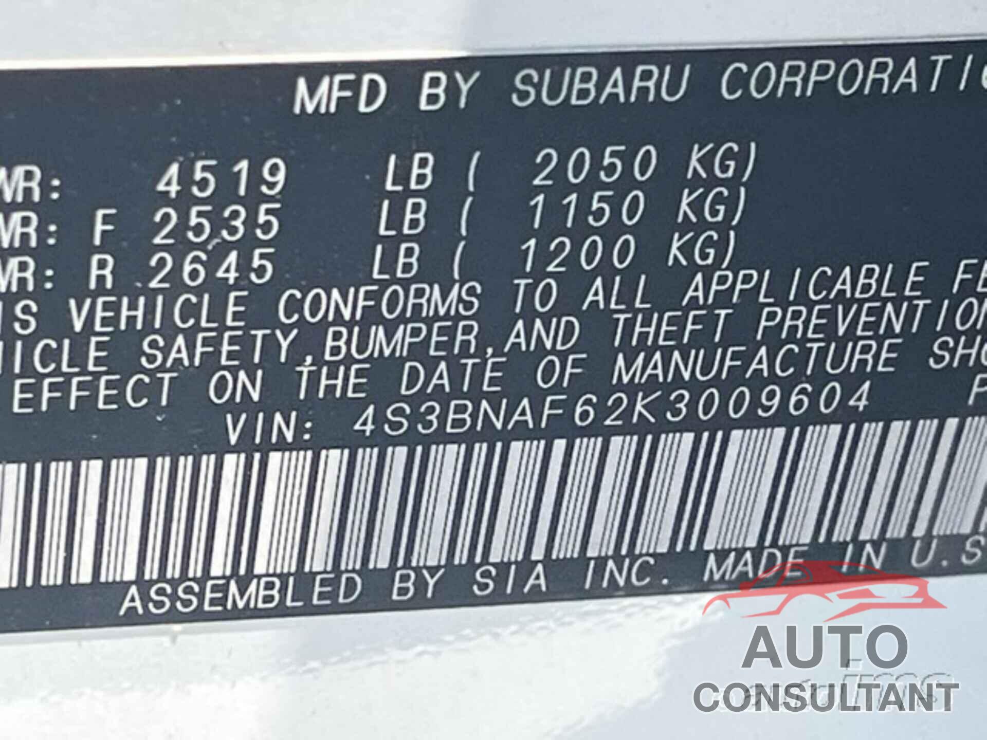 SUBARU LEGACY 2019 - 4S3BNAF62K3009604