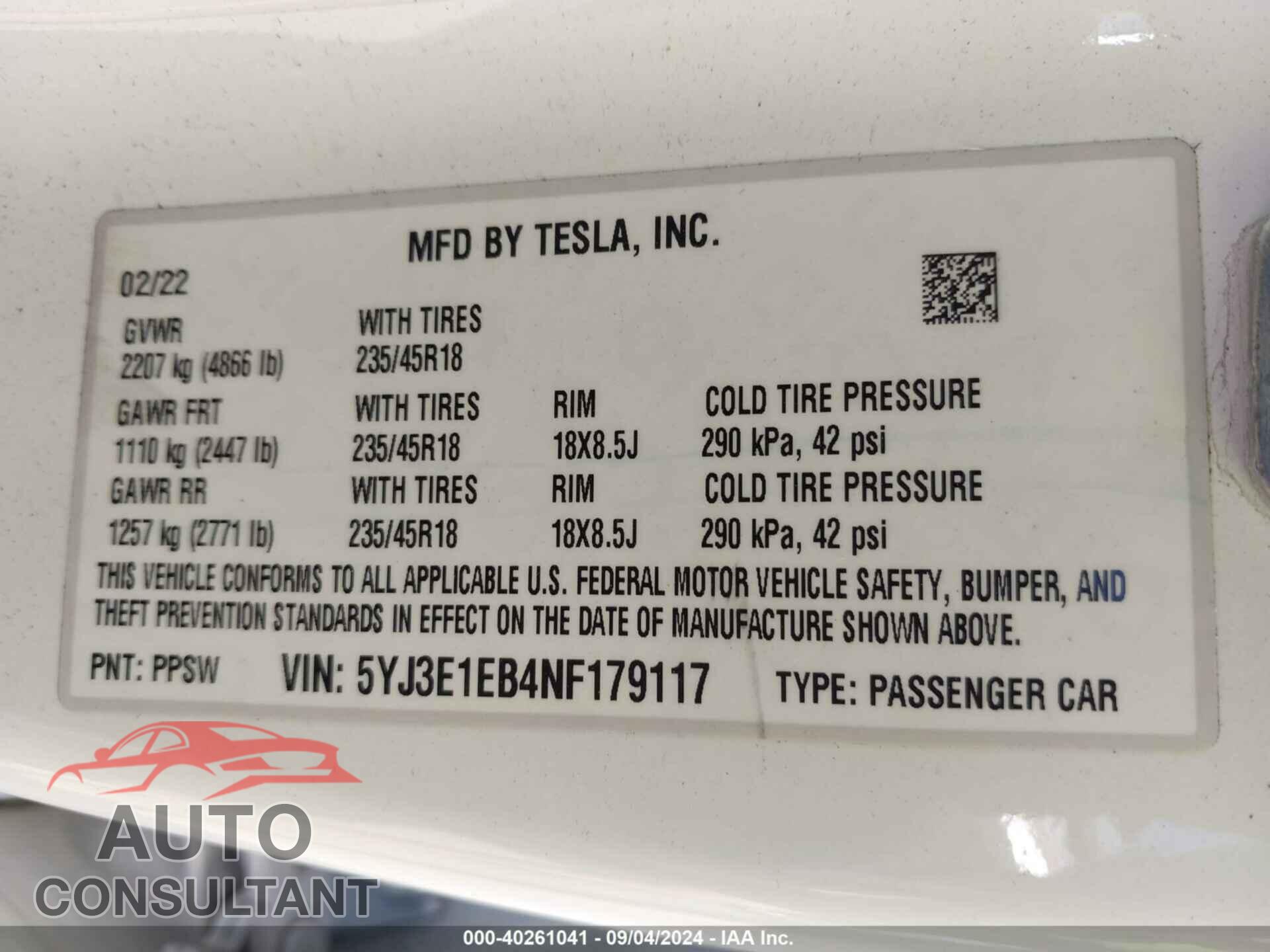 TESLA MODEL 3 2022 - 5YJ3E1EB4NF179117