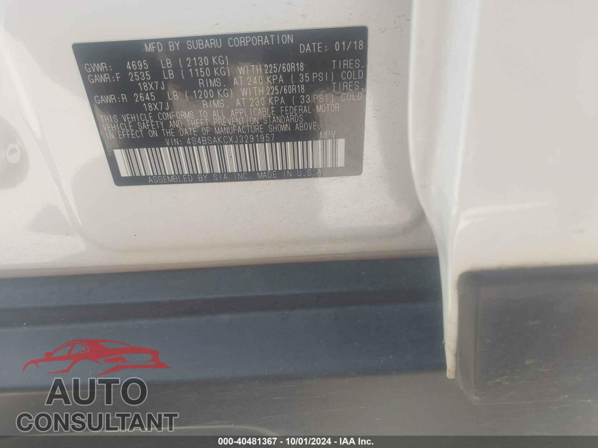 SUBARU OUTBACK 2018 - 4S4BSAKCXJ3291957
