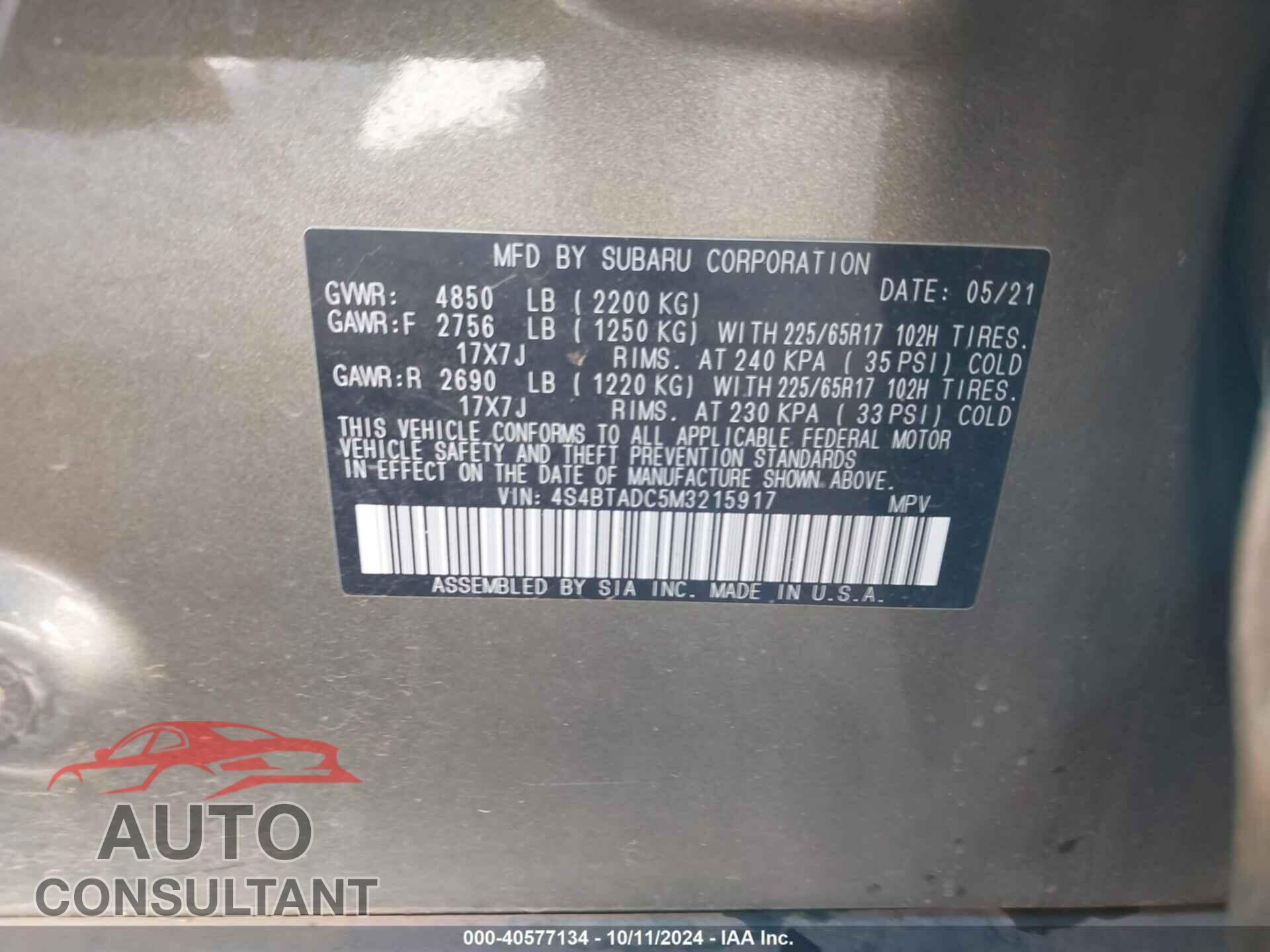 SUBARU OUTBACK 2021 - 4S4BTADC5M3215917