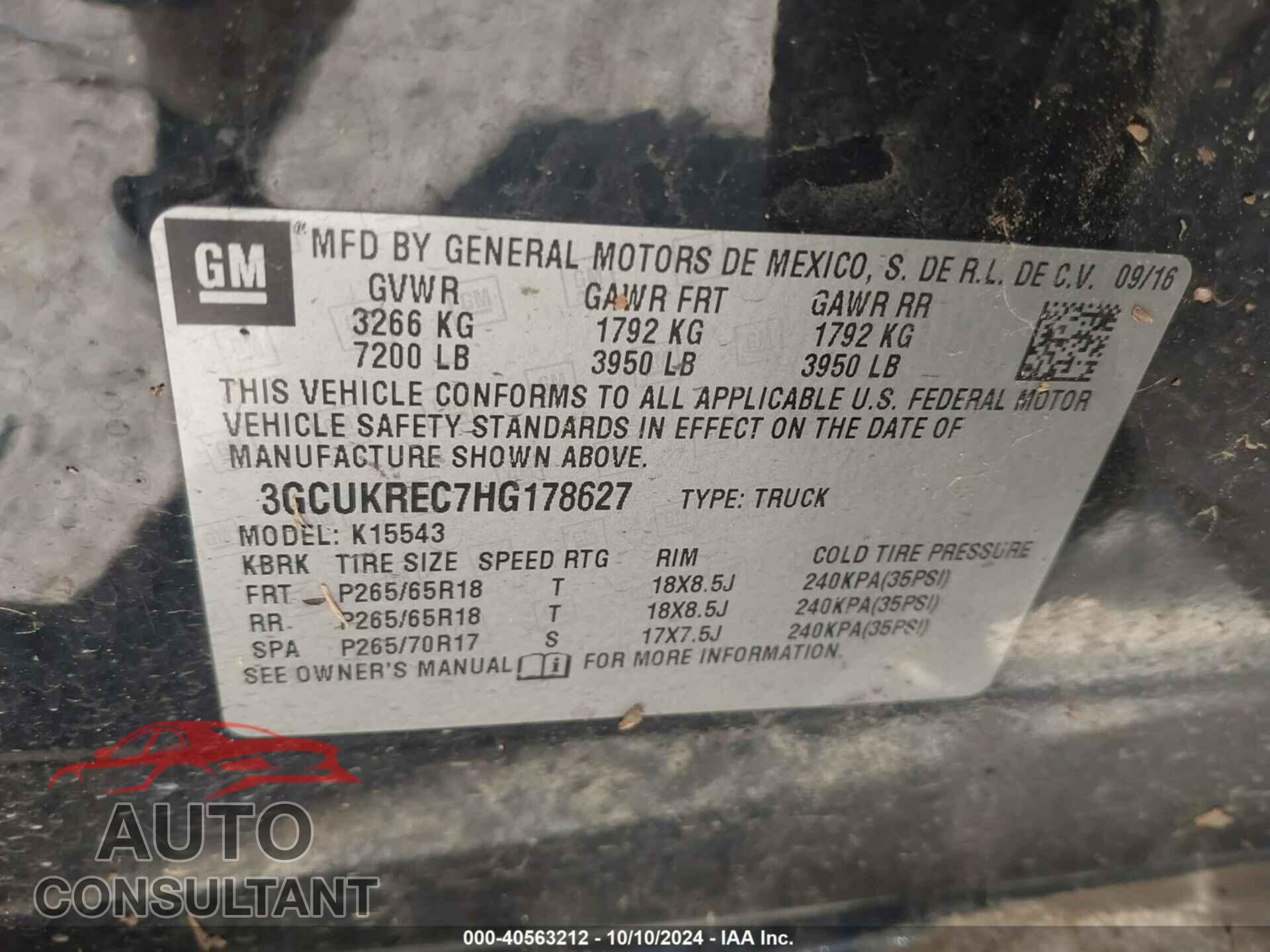 CHEVROLET SILVERADO 2017 - 3GCUKREC7HG178627