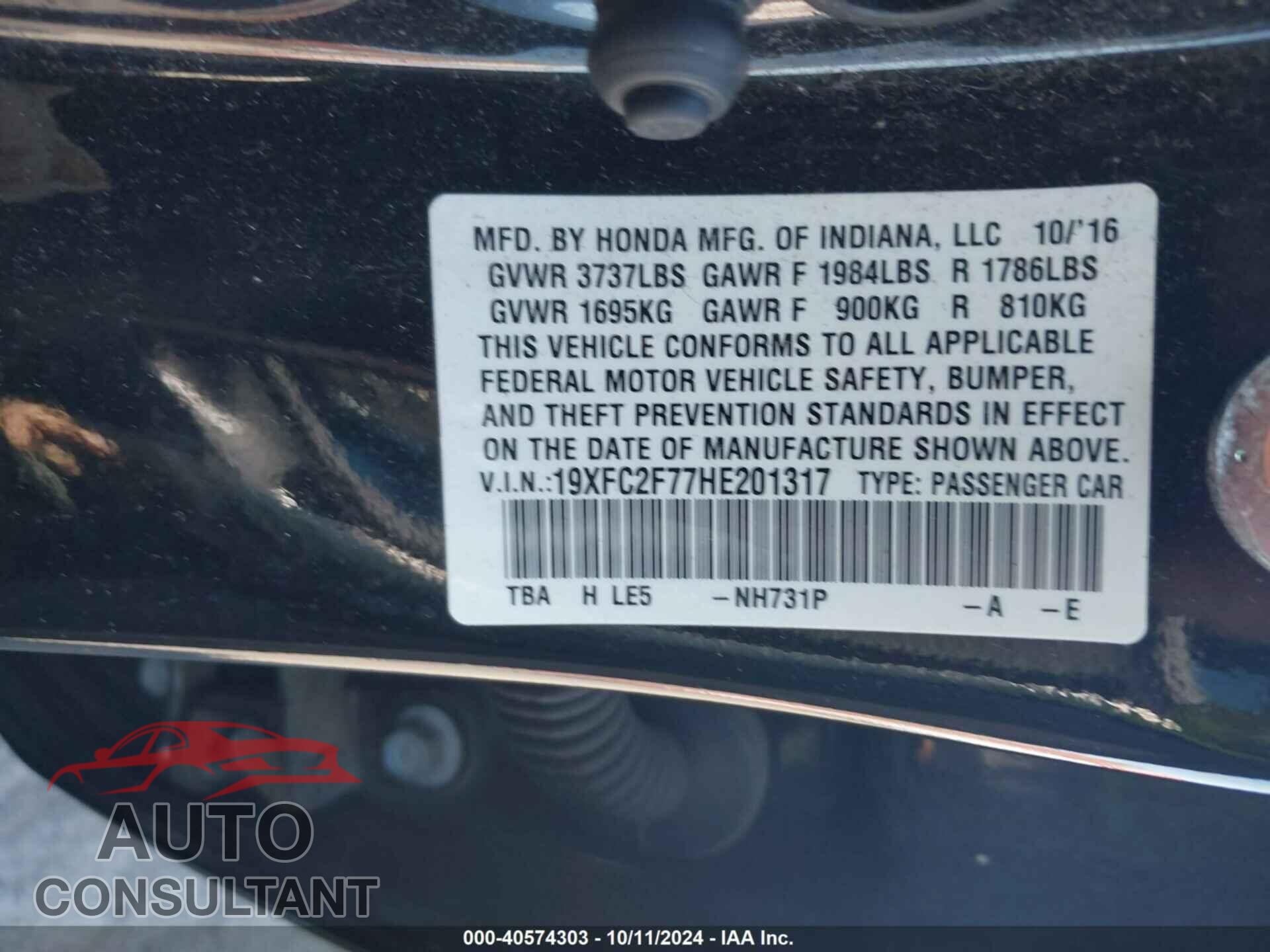 HONDA CIVIC 2017 - 19XFC2F77HE201317