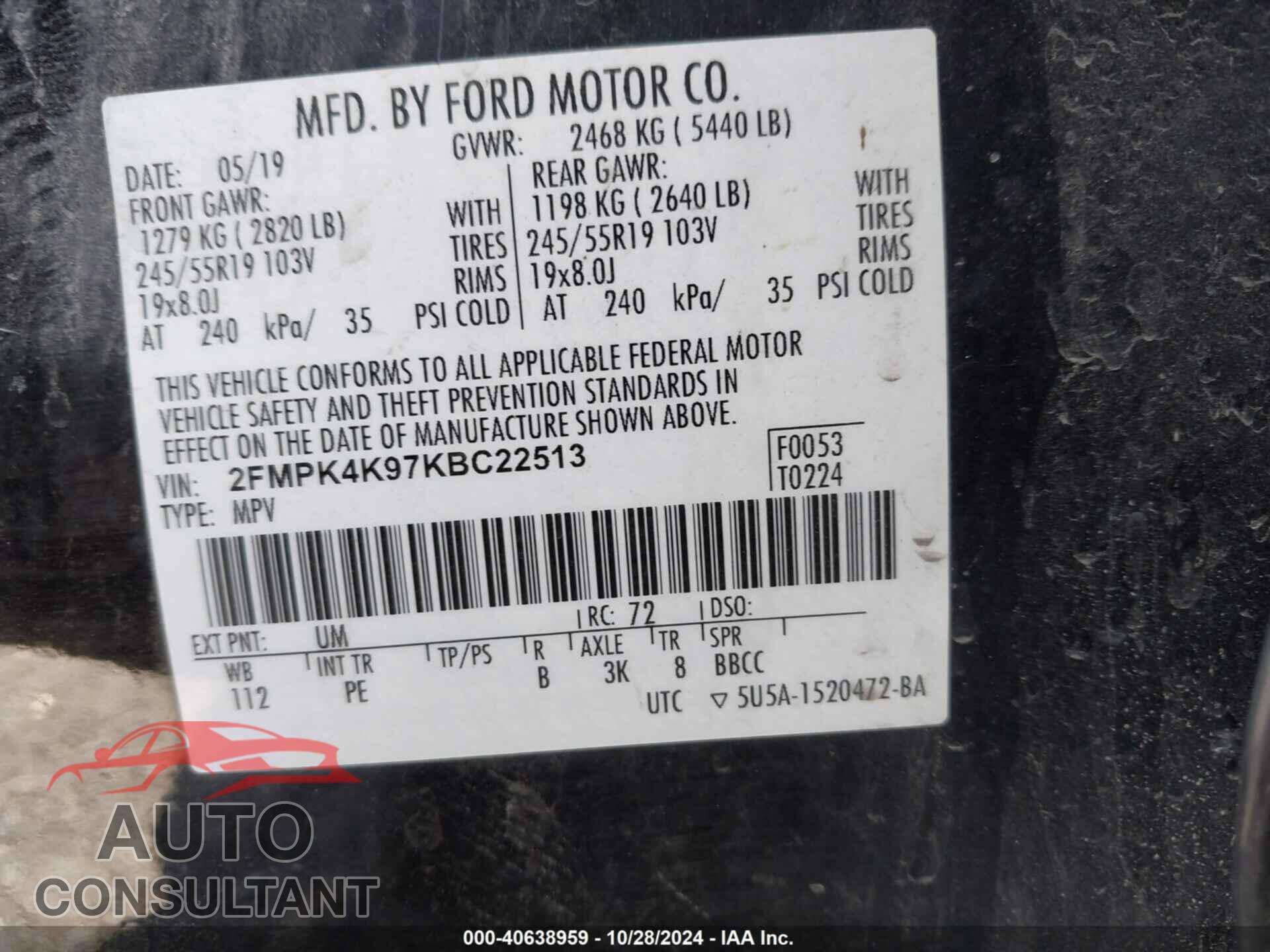 FORD EDGE 2019 - 2FMPK4K97KBC22513