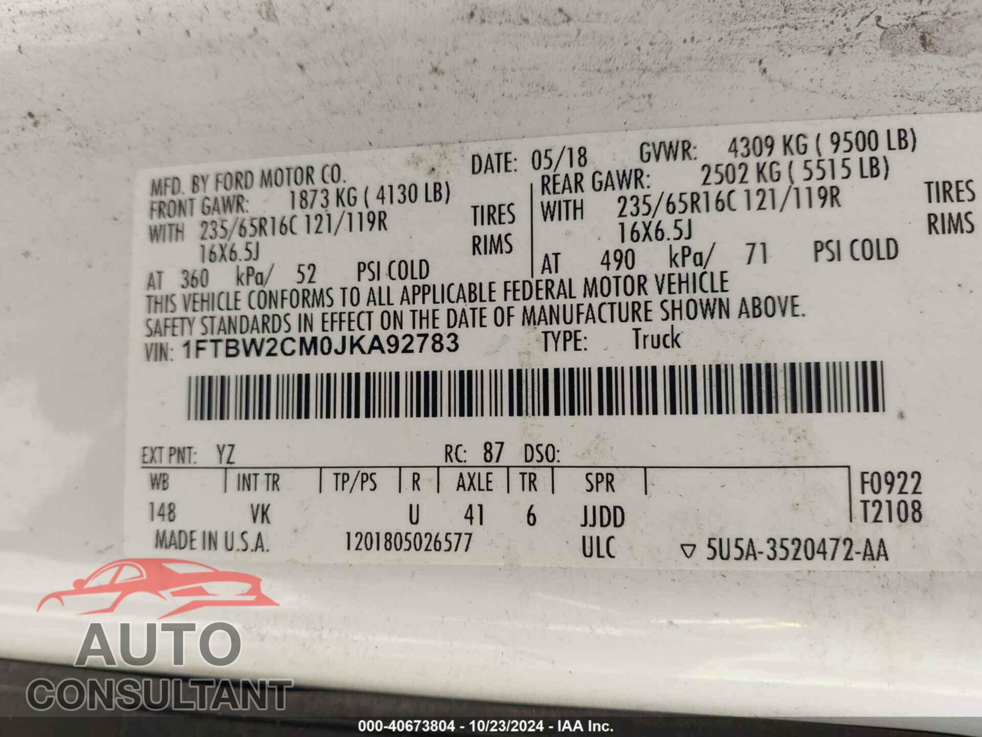 FORD TRANSIT-350 2018 - 1FTBW2CM0JKA92783