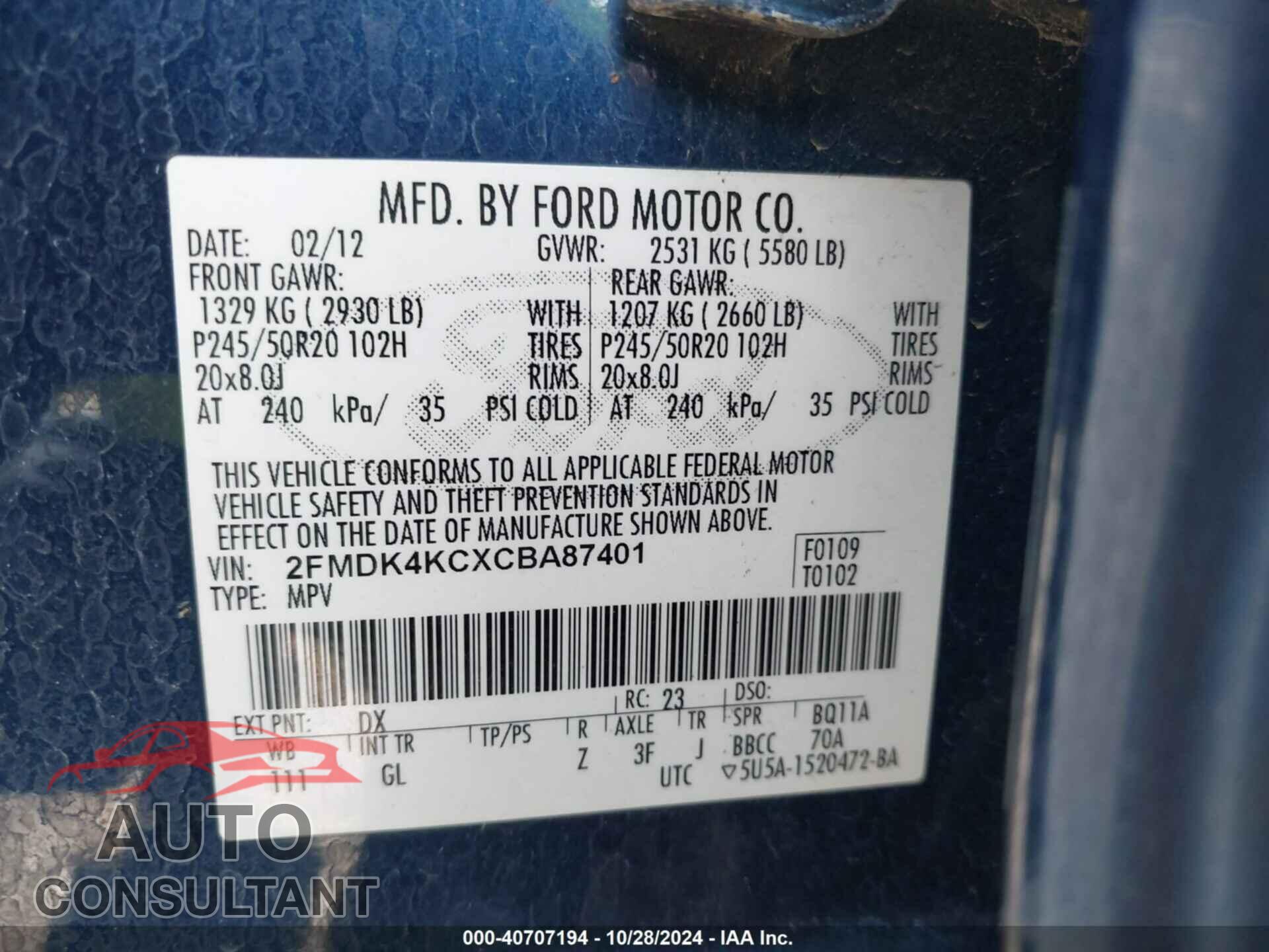 FORD EDGE 2012 - 2FMDK4KCXCBA87401