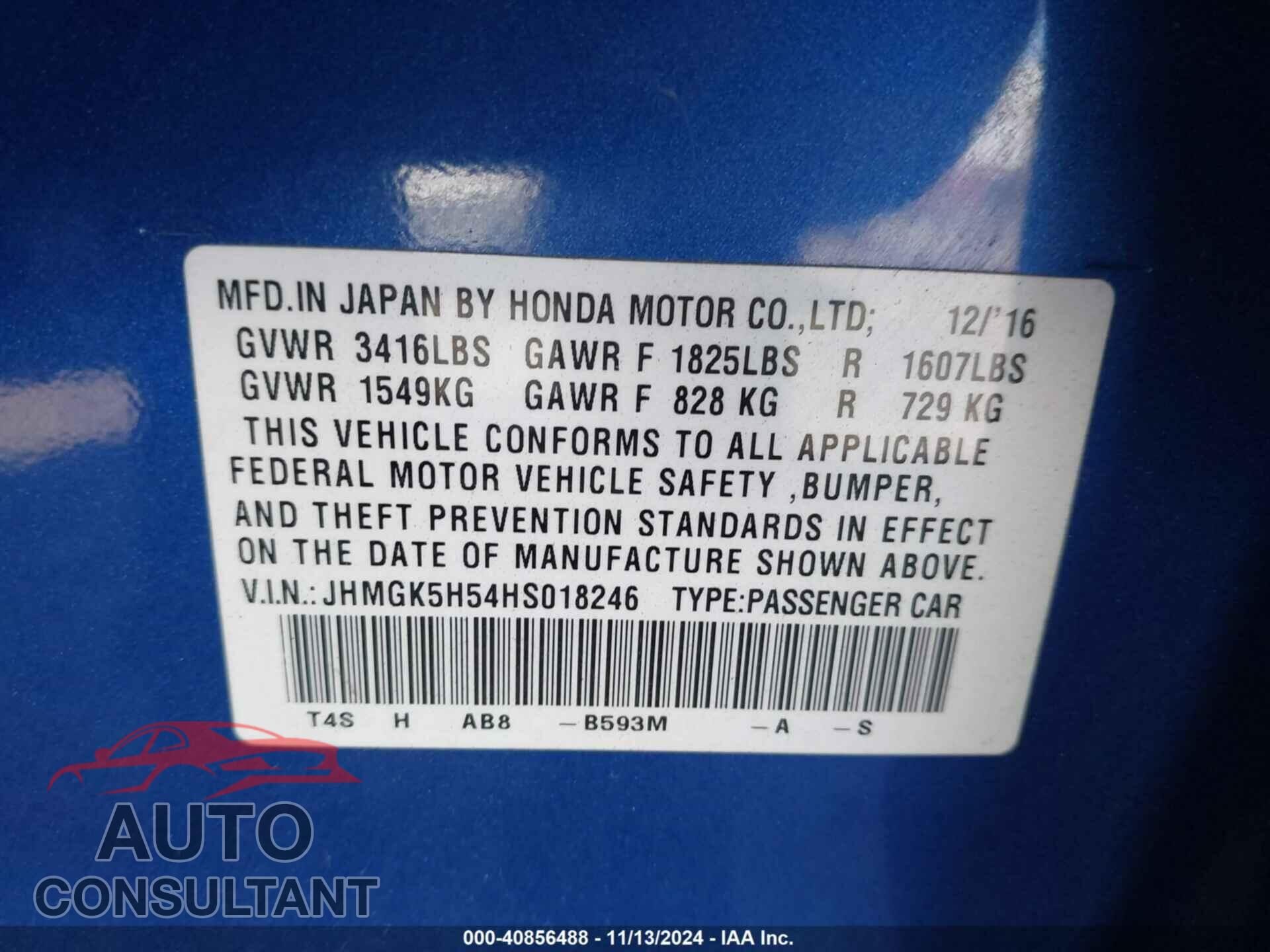 HONDA FIT 2017 - JHMGK5H54HS018246
