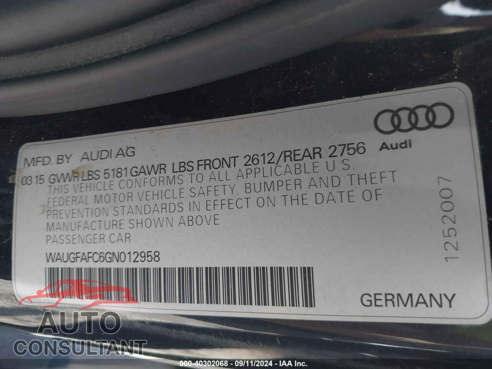 AUDI A6 2016 - WAUGFAFC6GN012958