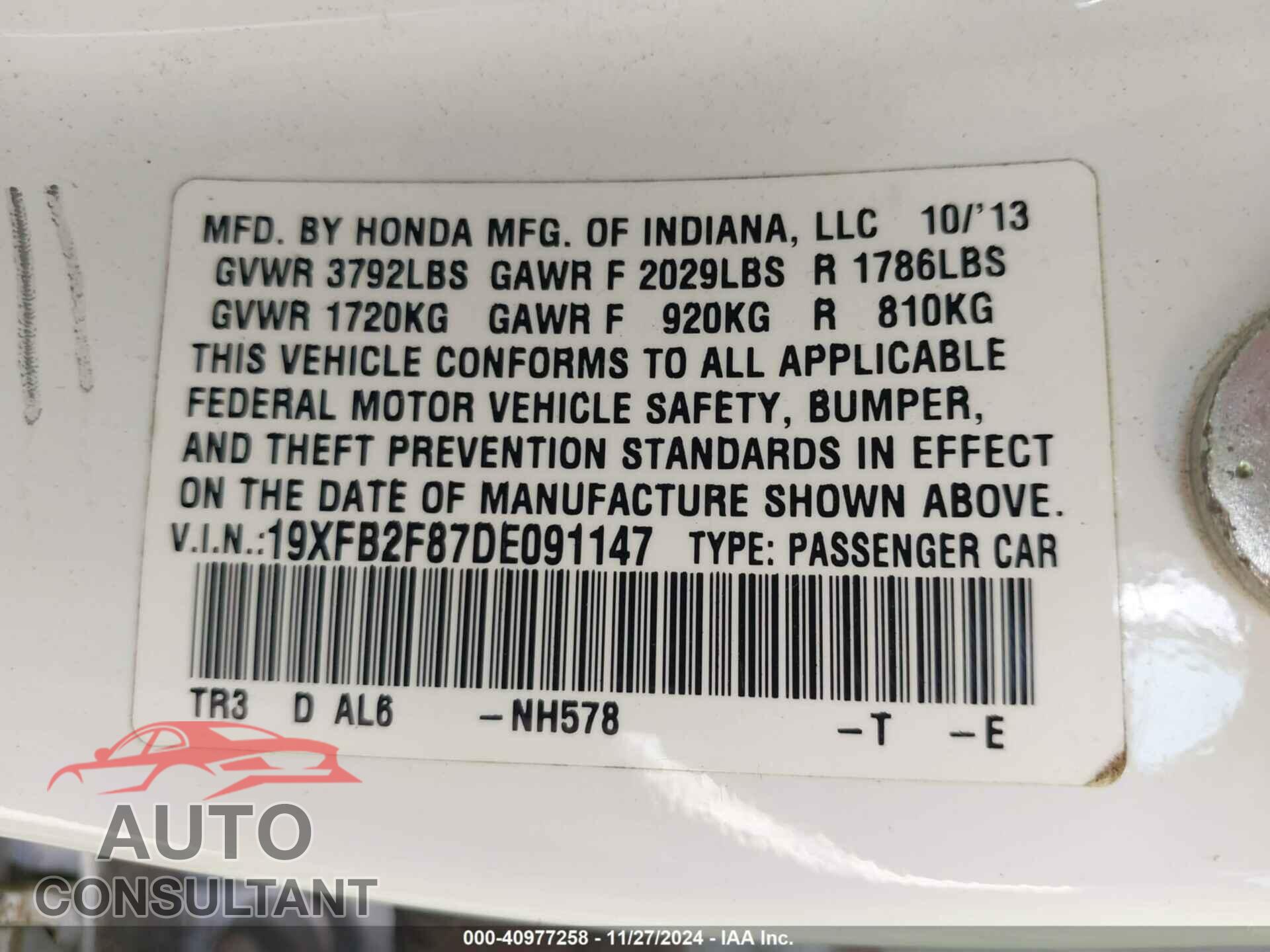 HONDA CIVIC 2013 - 19XFB2F87DE091147