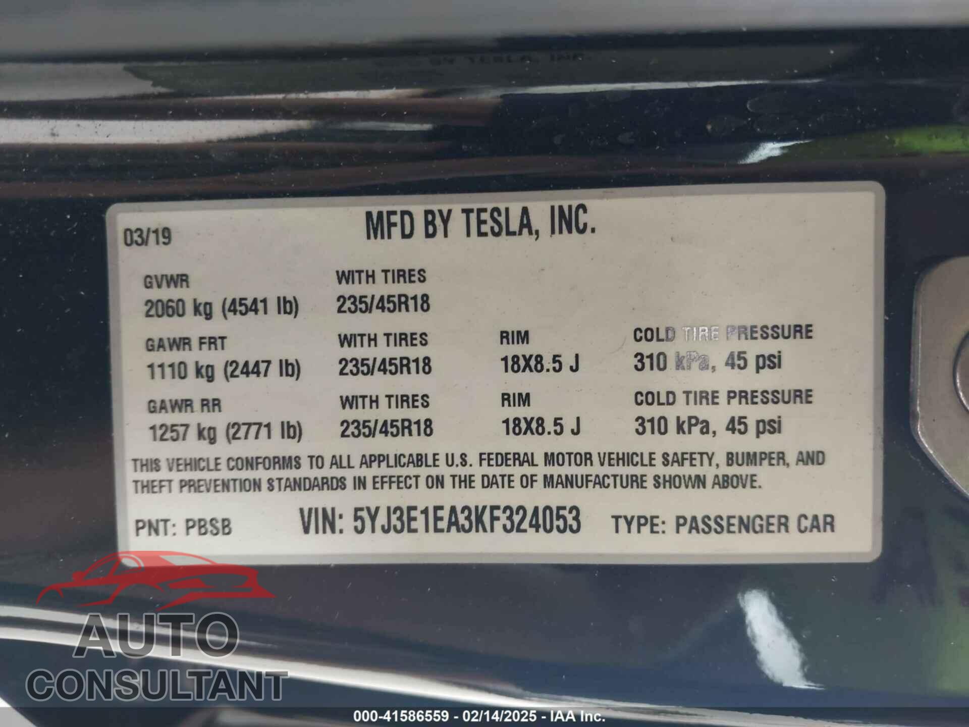 TESLA MODEL 3 2019 - 5YJ3E1EA3KF324053