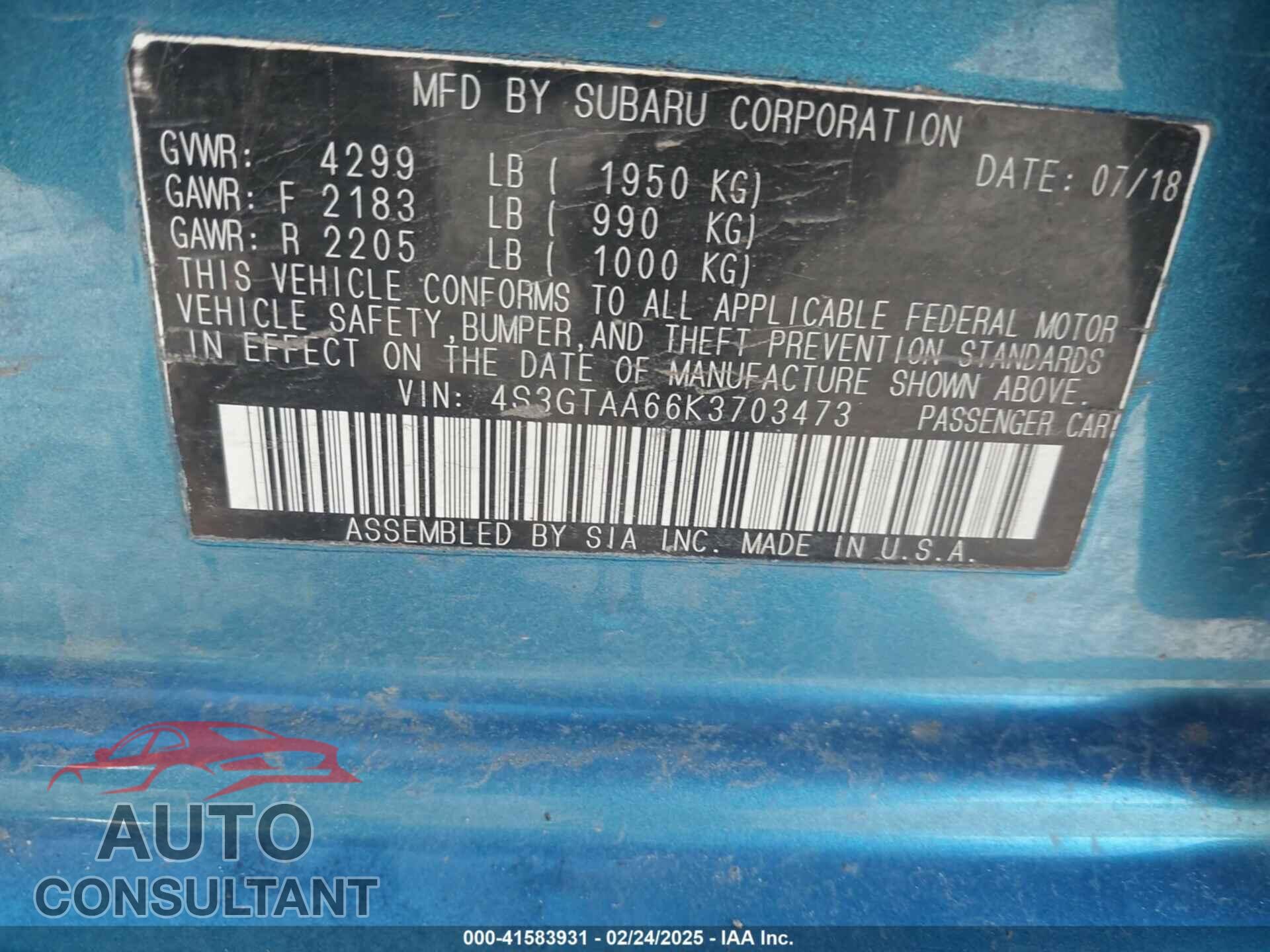SUBARU IMPREZA 2019 - 4S3GTAA66K3703473