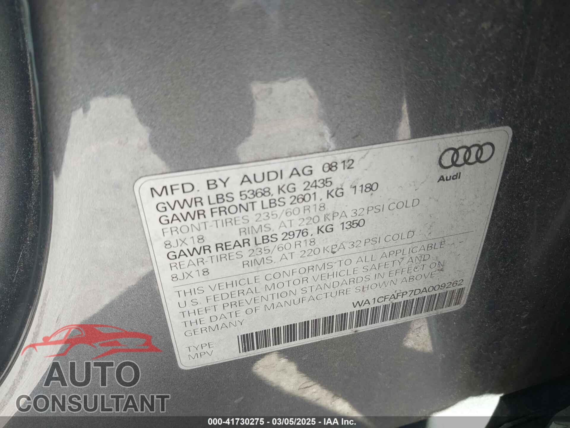 AUDI Q5 2013 - WA1CFAFP7DA009262
