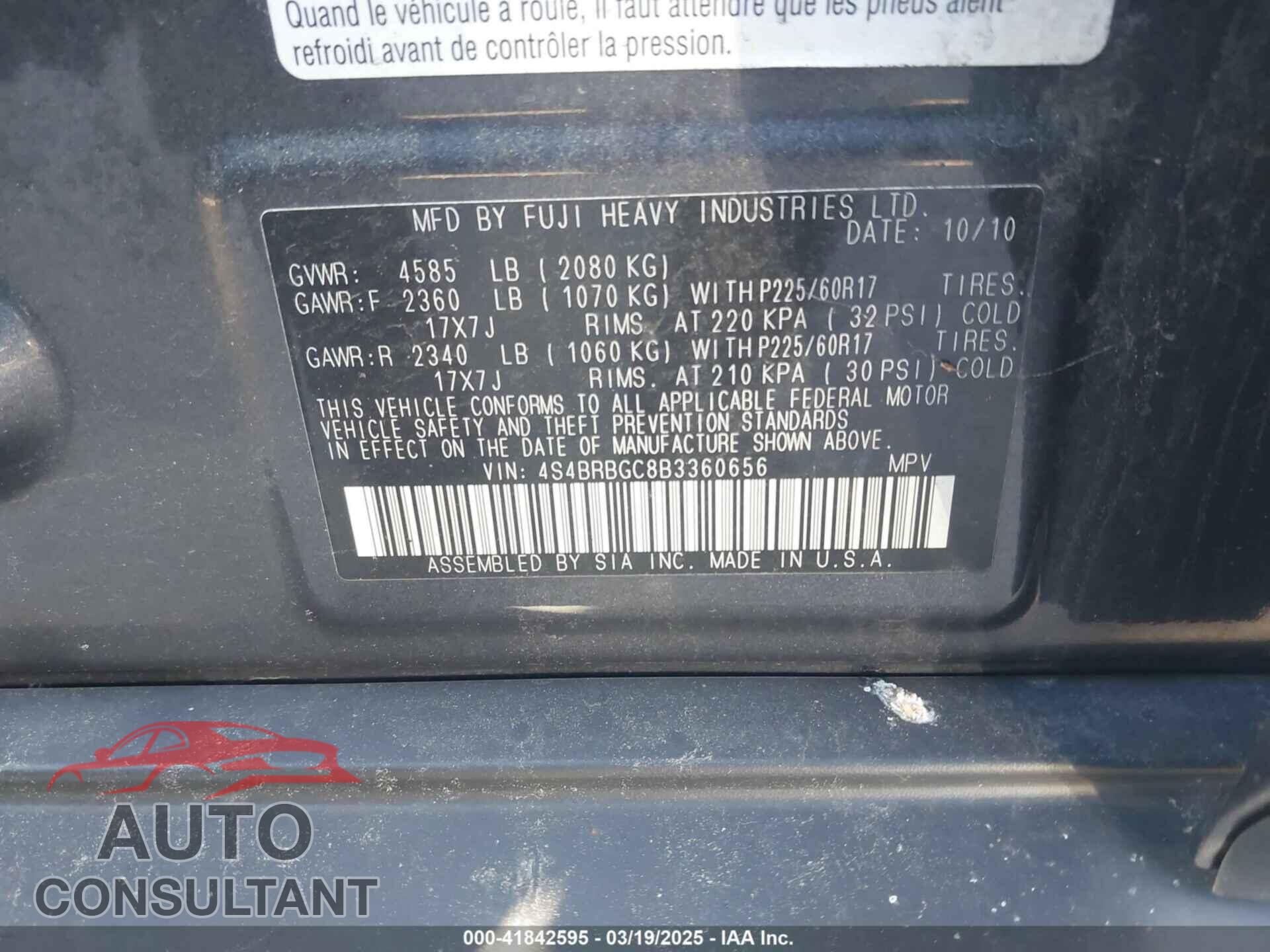SUBARU OUTBACK 2011 - 4S4BRBGC8B3360656