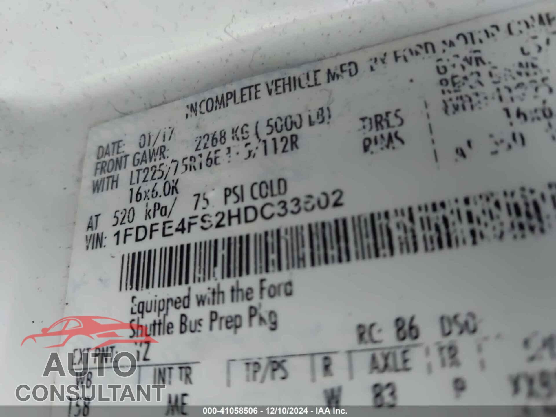 FORD E-450 CUTAWAY 2017 - 1FDFE4FS2HDC33602