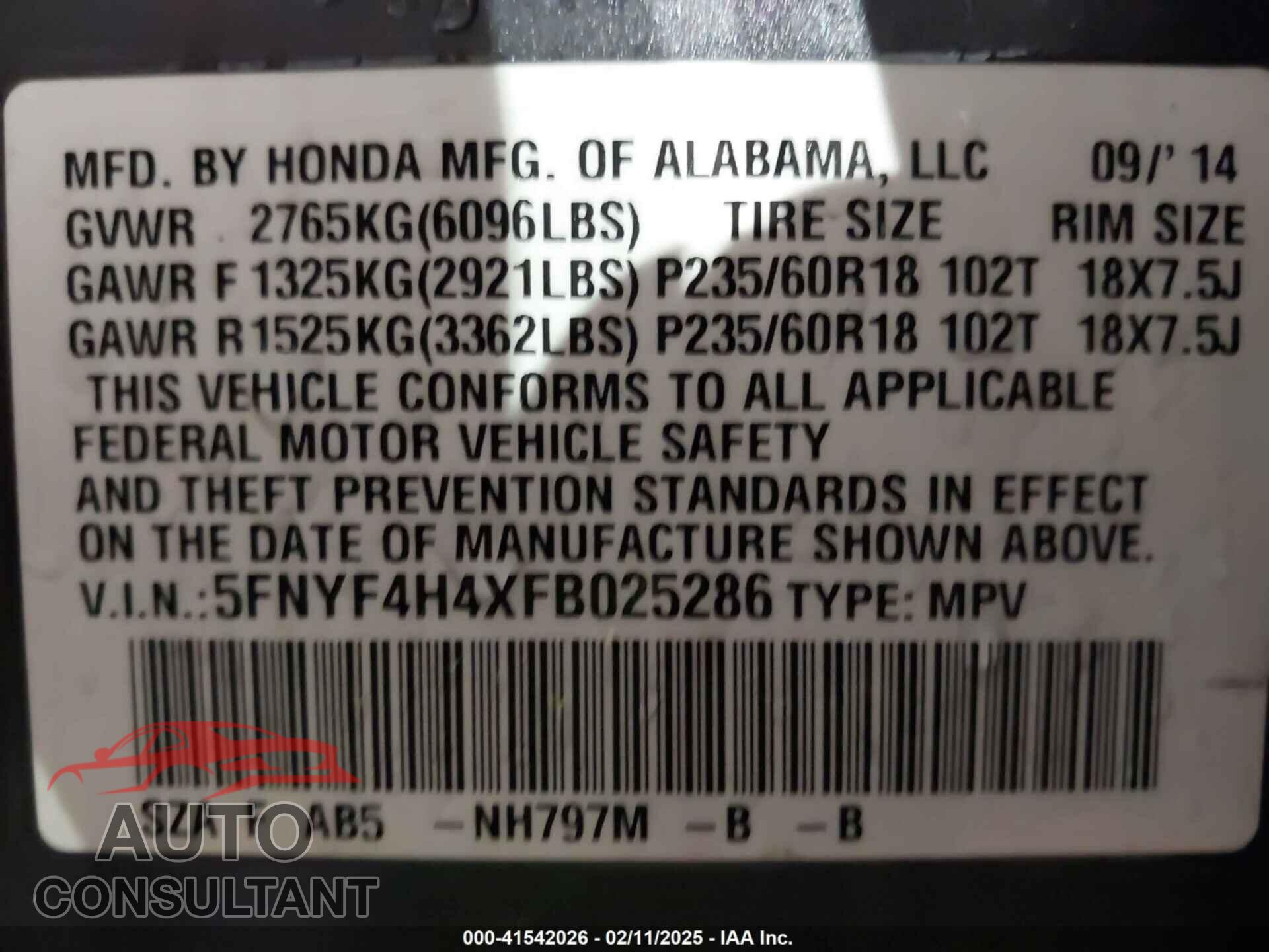 HONDA PILOT 2015 - 5FNYF4H4XFB025286