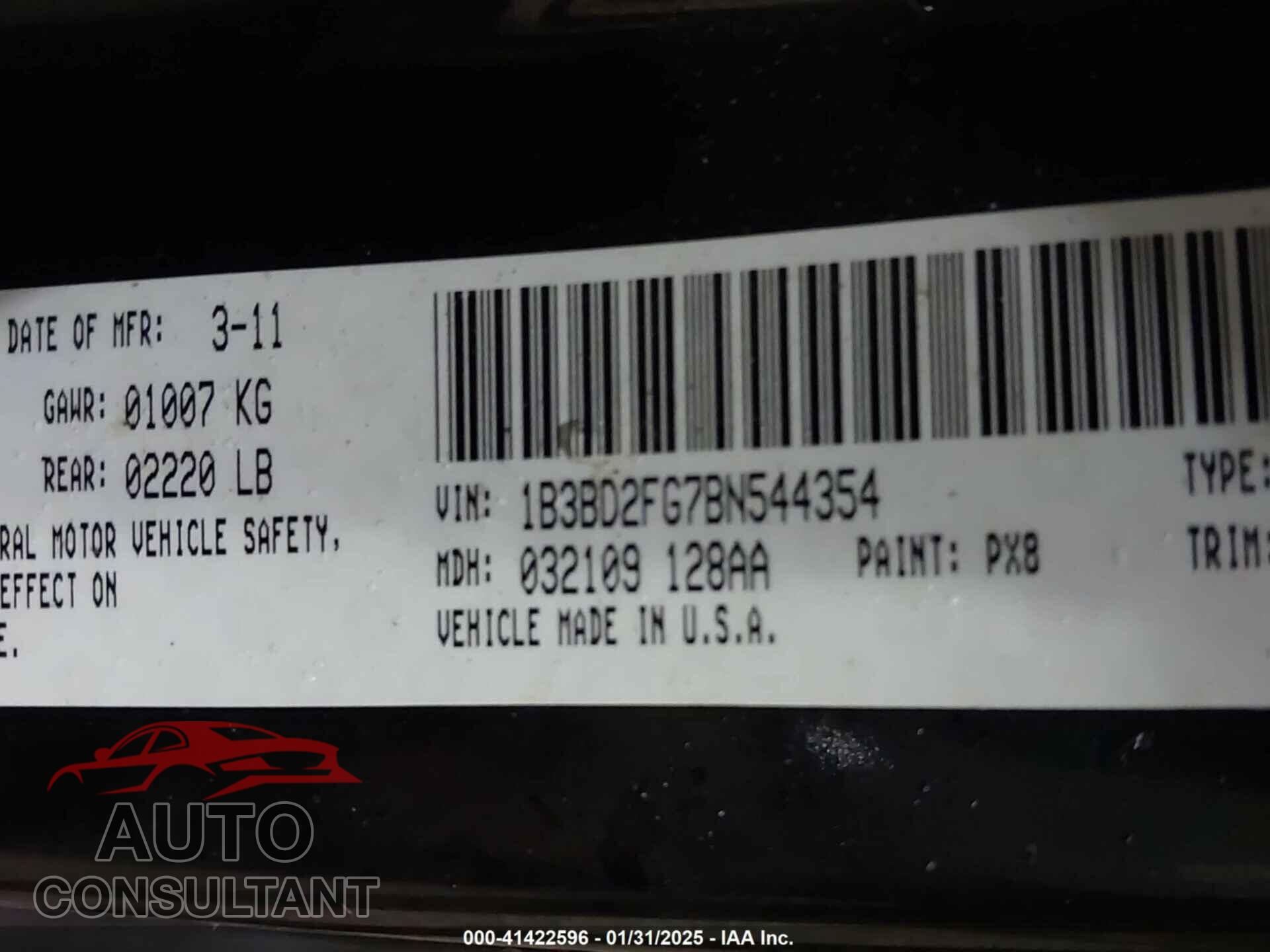 DODGE AVENGER 2011 - 1B3BD2FG7BN544354