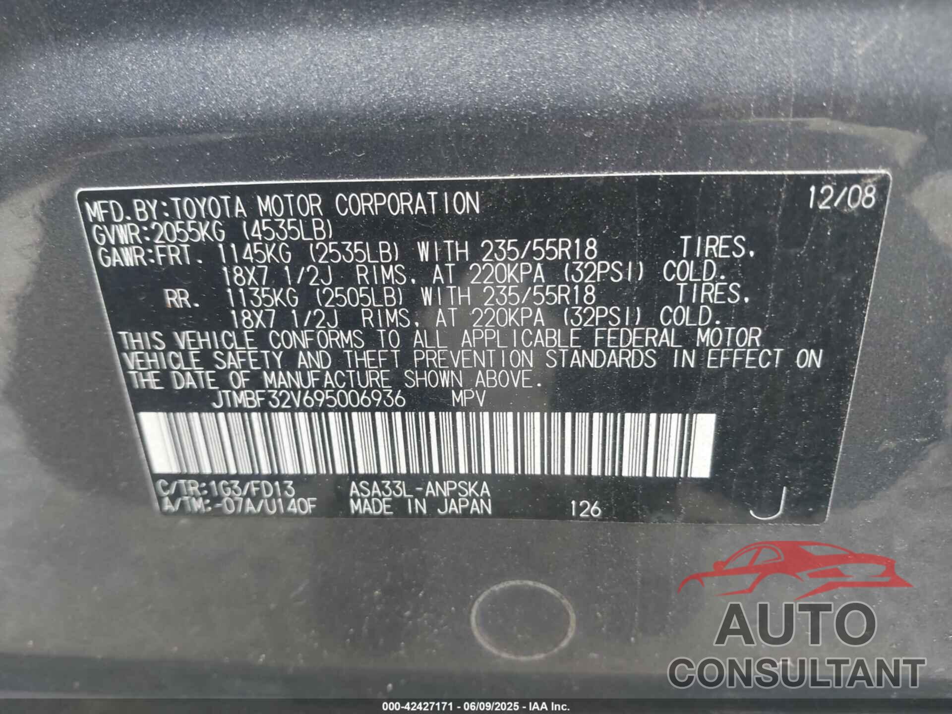 TOYOTA RAV4 2009 - JTMBF32V695006936