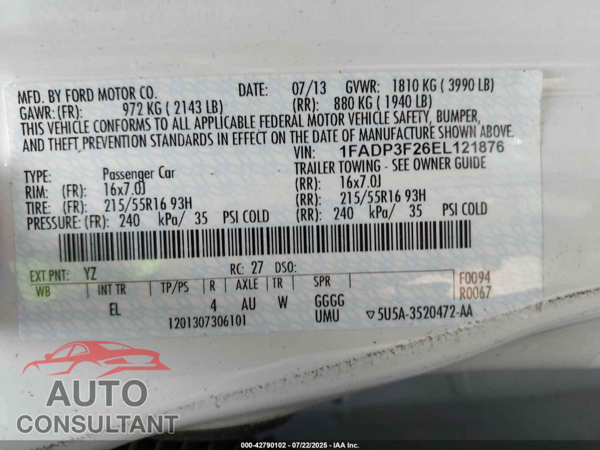 FORD FOCUS 2014 - 1FADP3F26EL121876