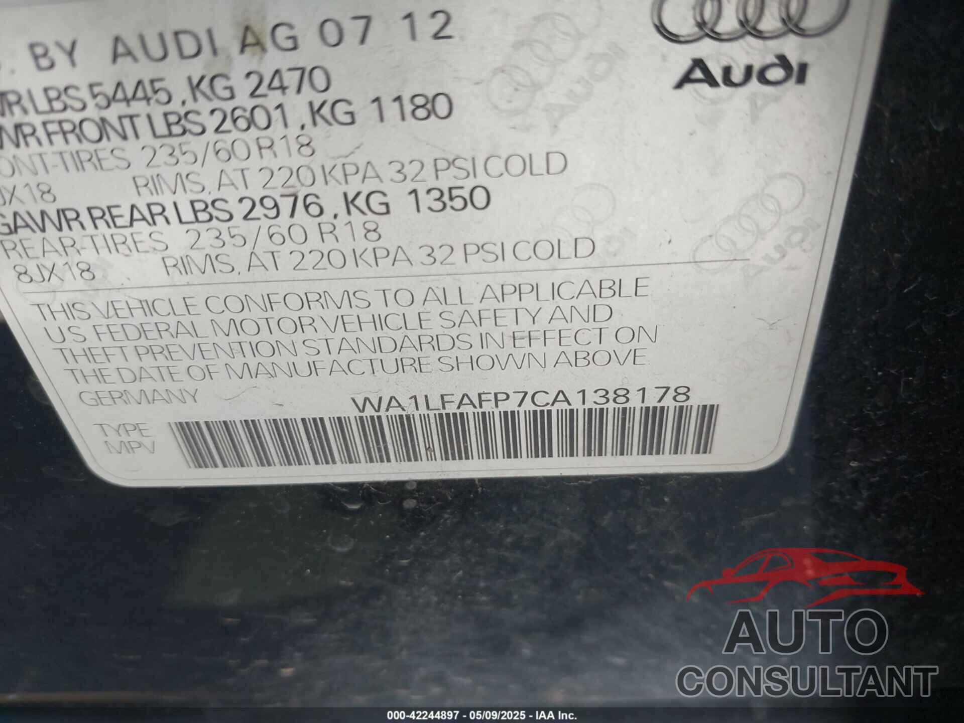AUDI Q5 2012 - WA1LFAFP7CA138178