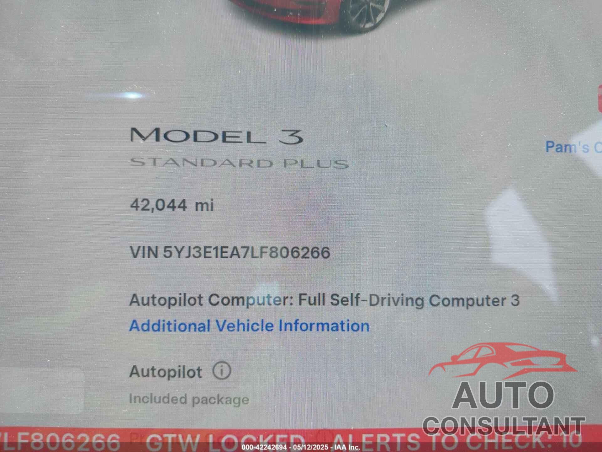 TESLA MODEL 3 2020 - 5YJ3E1EA7LF806266